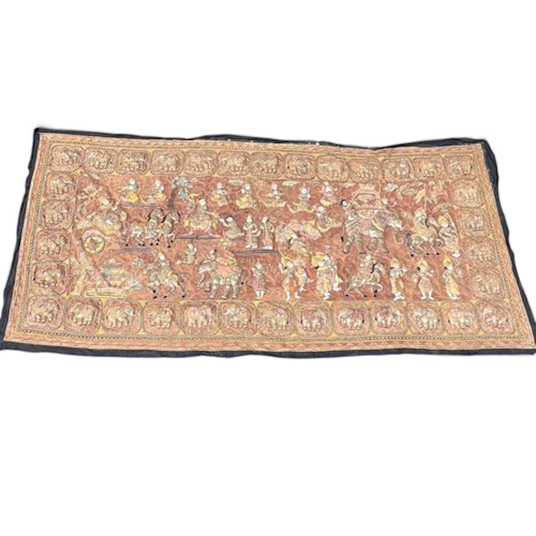 A LARGE 20TH C BURMESE KALAGA TEXTILE SHOWING 'THE TOOTH TEM...