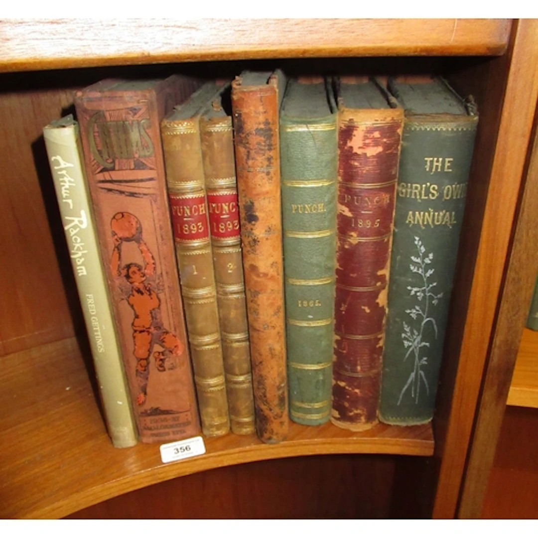 Four bound volumes of Punch, similar volume Tidbits, two Chu...