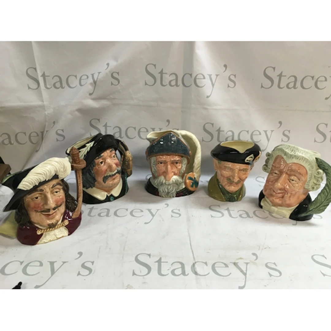 A collection of 5 character jugs including, Porthos, Don Qui...