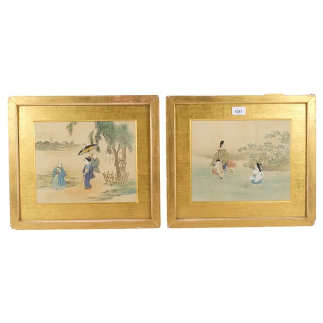 A pair of Japanese mixed media collage/watercolour pictures,...