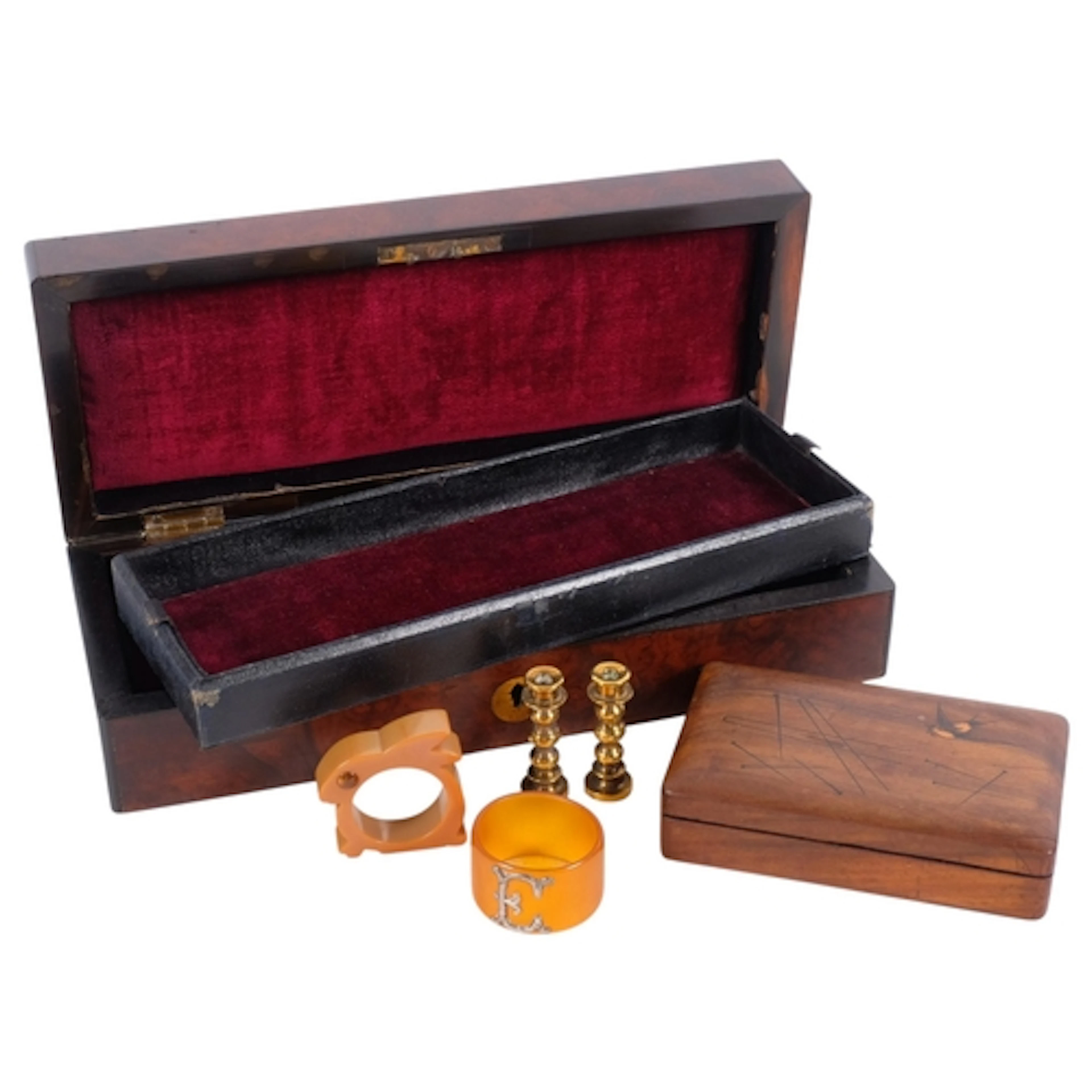A figured walnut Antique jewel box, with tray-fitted interio...
