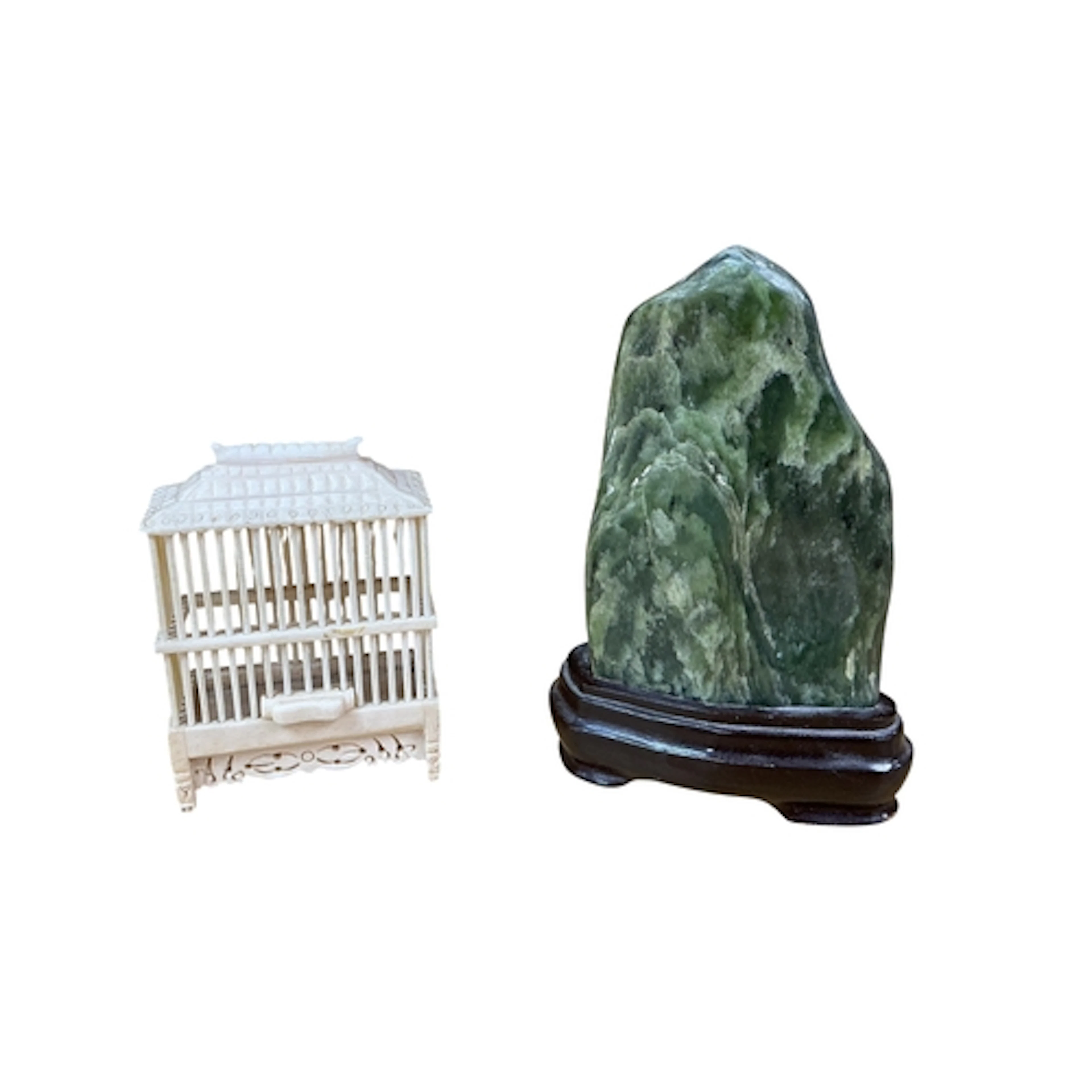 A Chinese spinach green jade model of a mountain, a rose qua...