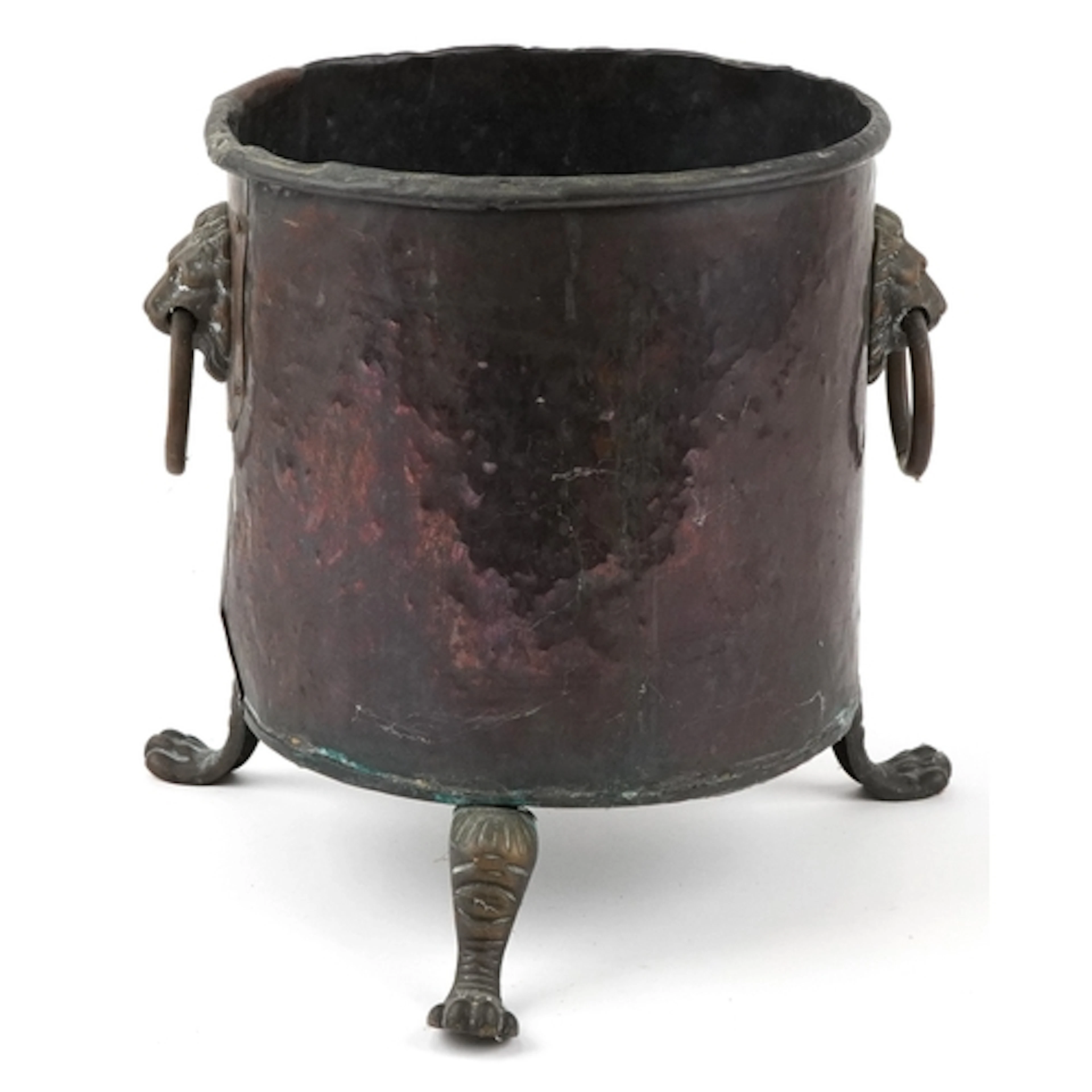 Victorian copper and brass log bin with lion head handles, r...
