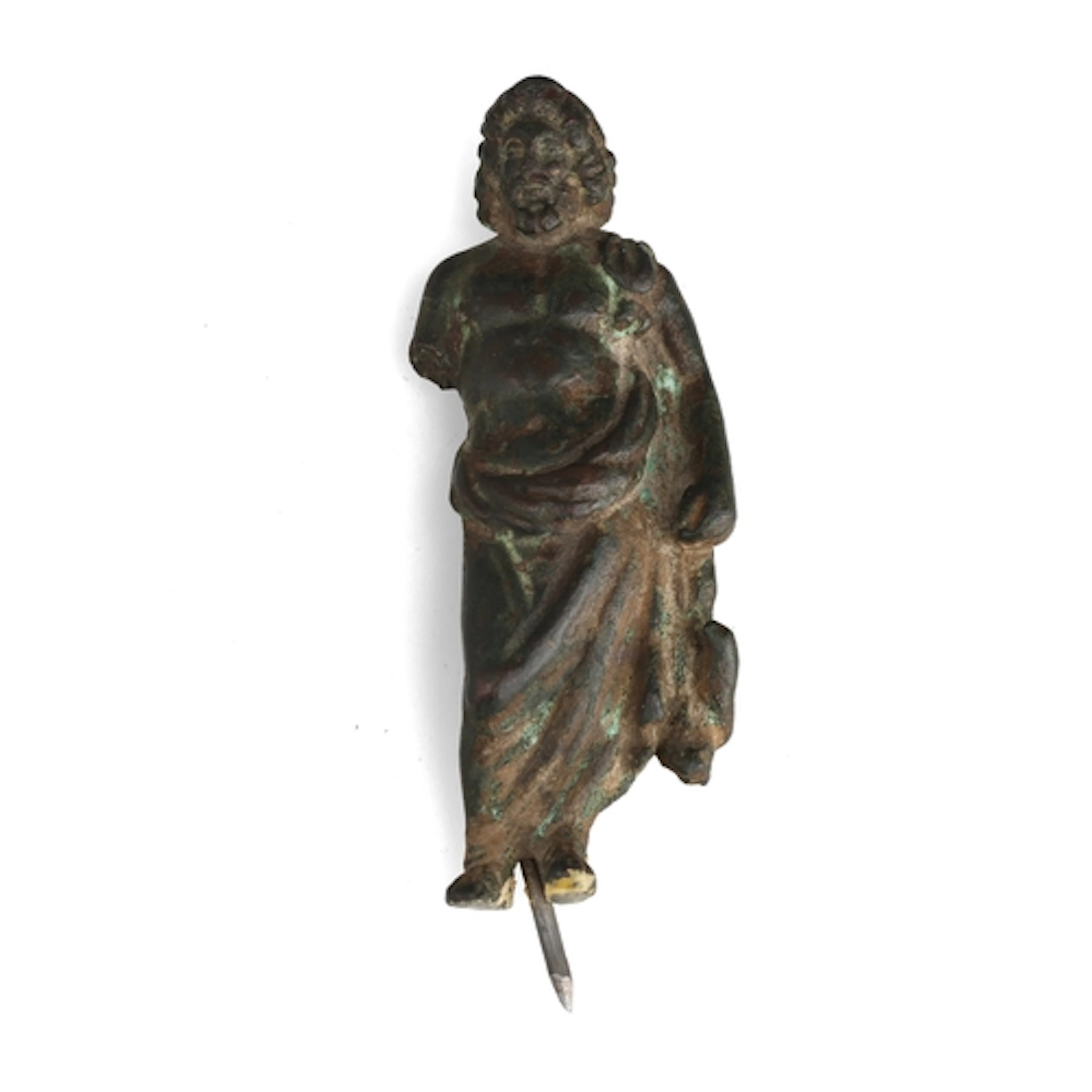 AN ANCIENT BRONZE FIGURE, PROBABLY ROMAN, OF A MAN WEARING A...