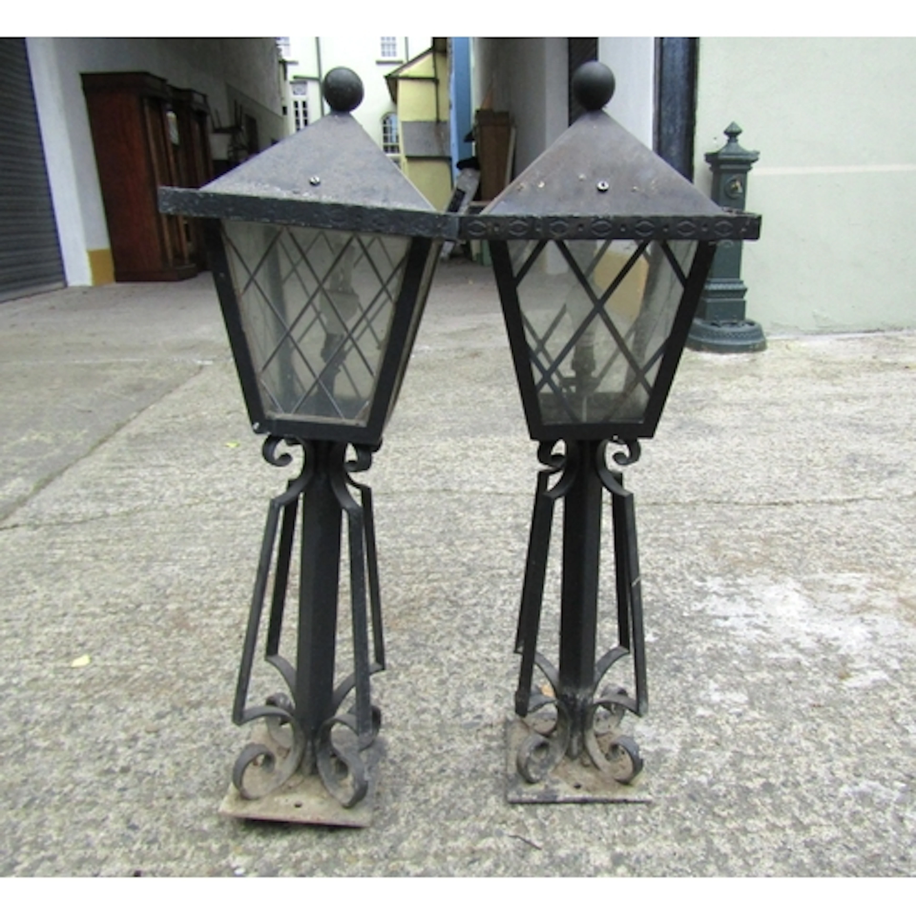 Pair of Wrought Metal Pillar Lanterns Electrified Working Or...