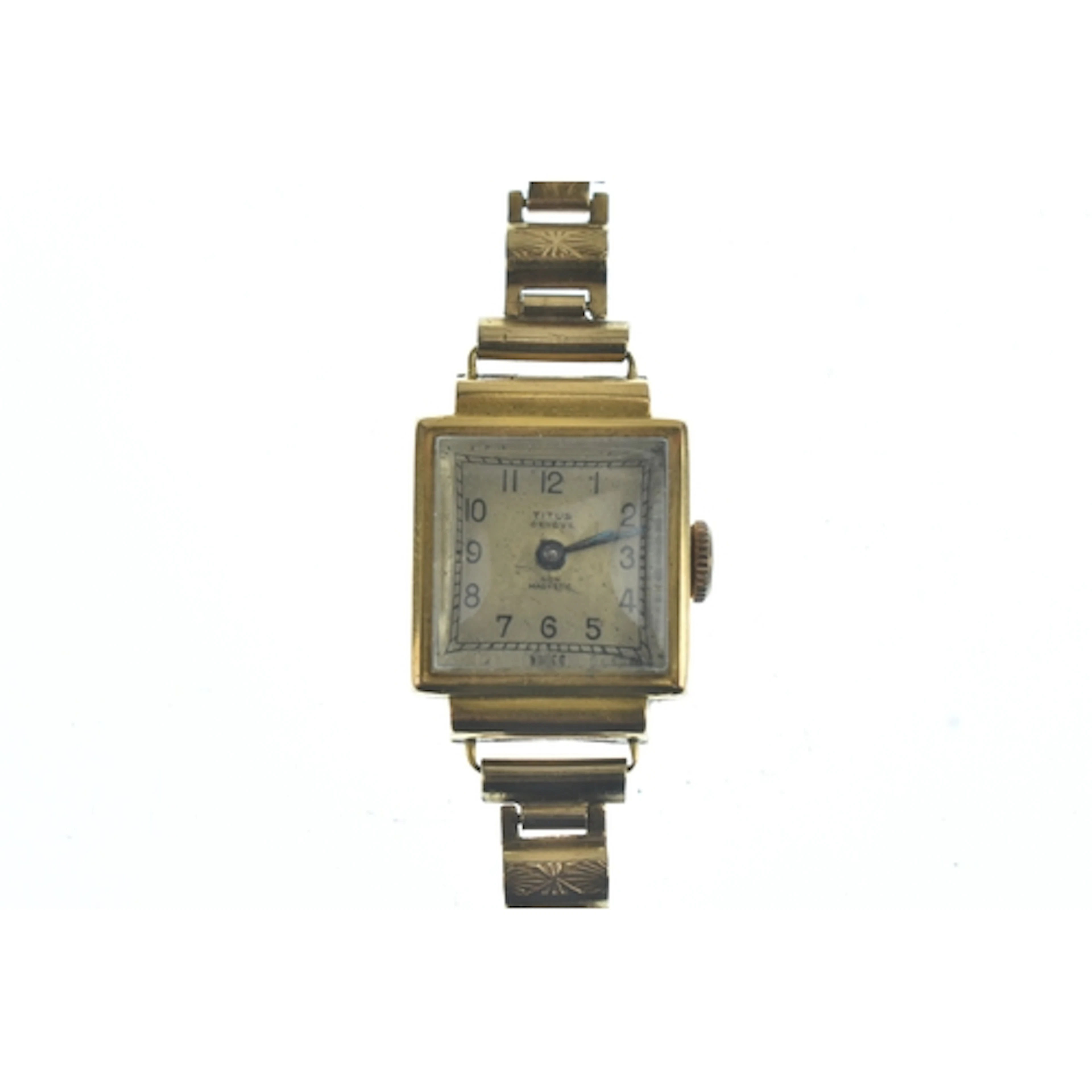 A Titus 18ct gold ladies manual wind wristwatch, having a sq...
