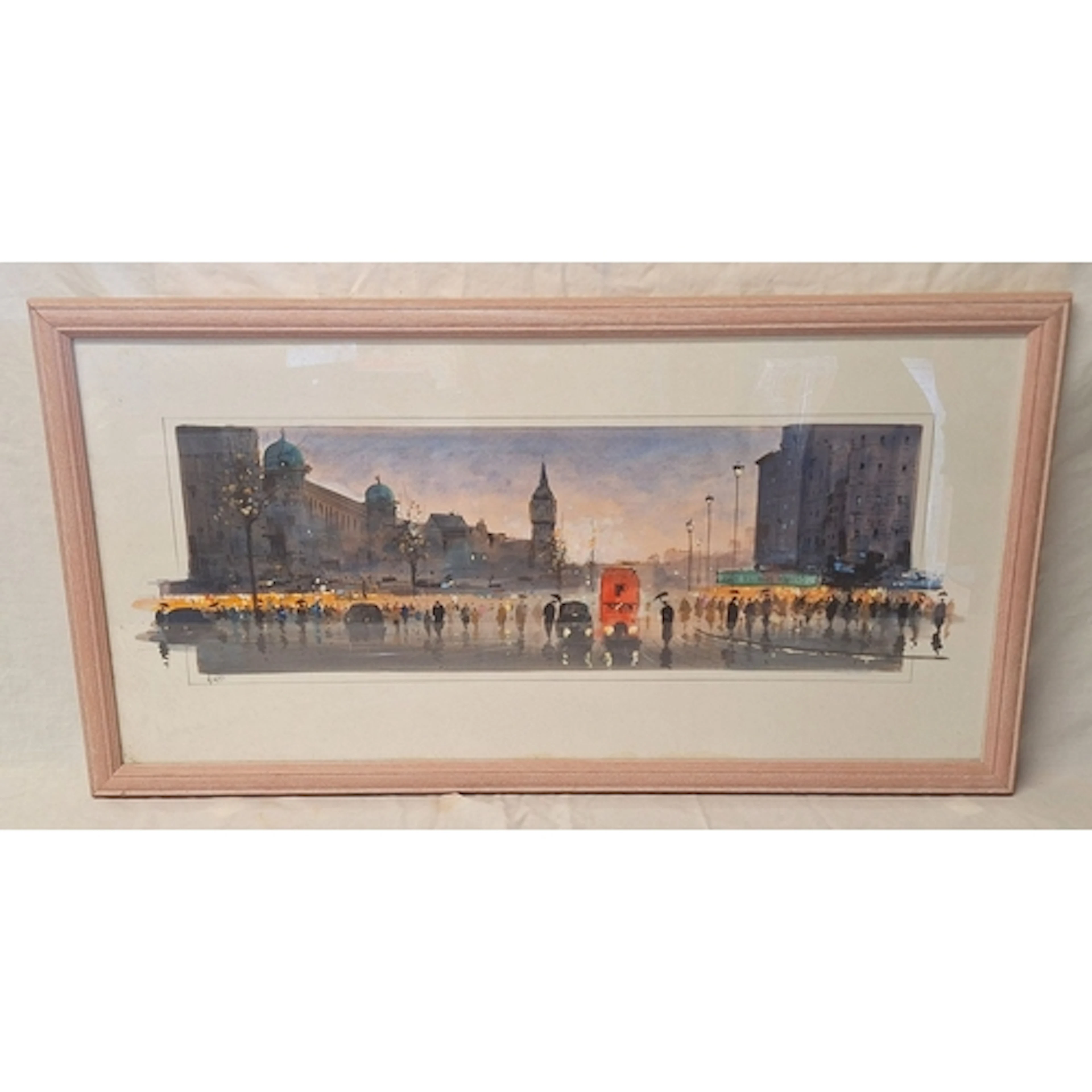 F/g Print Cityscape with red bus & figures approx. 84.5cm W ...