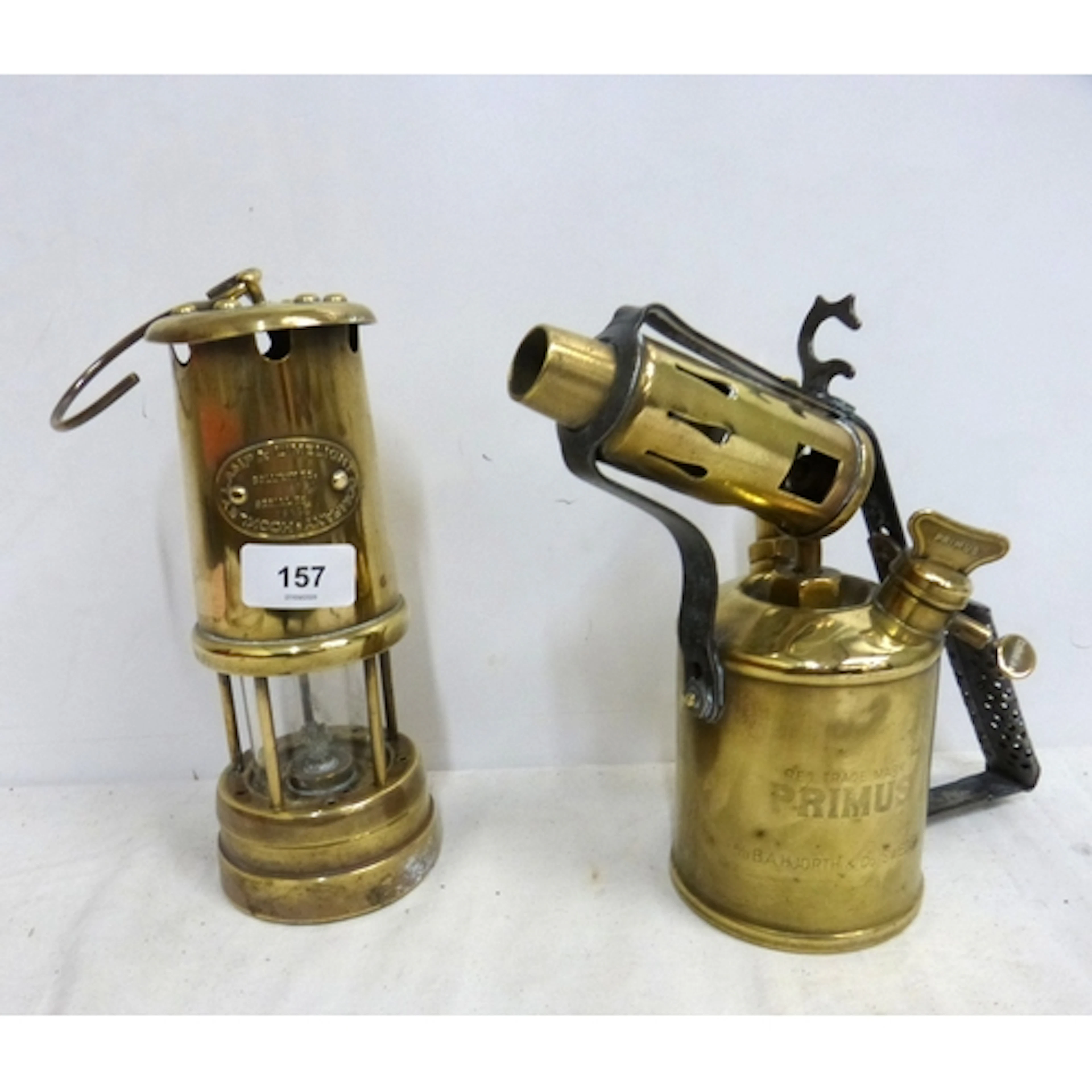 Brass miners lamp, Colliery No 8721 and antique Primus brass...