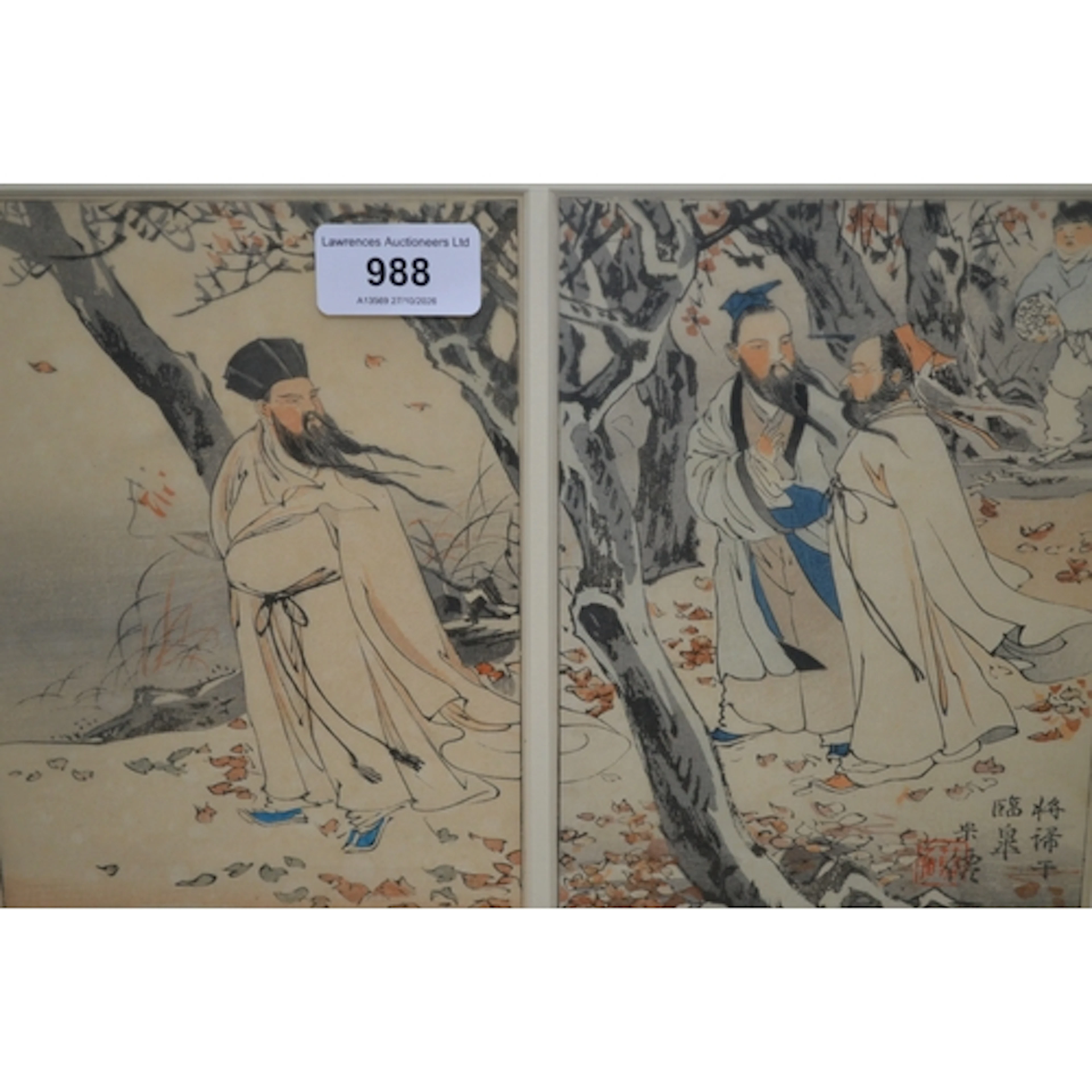 Pair of small Japanese wood block prints, figures in a fores...