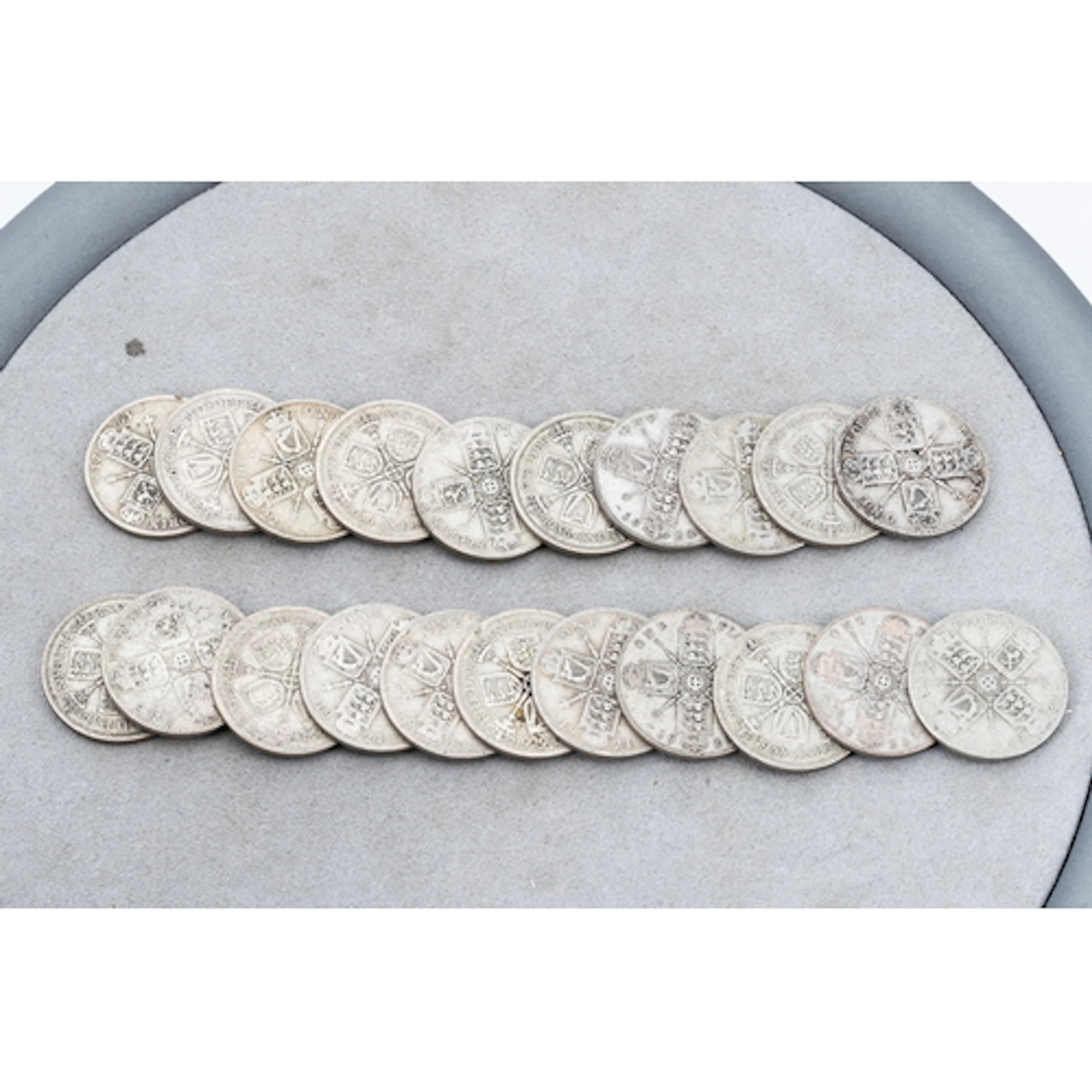 A QUANTITY OF TWENTY-ONE ENGLISH SILVER CONTENT COINS, vario...
