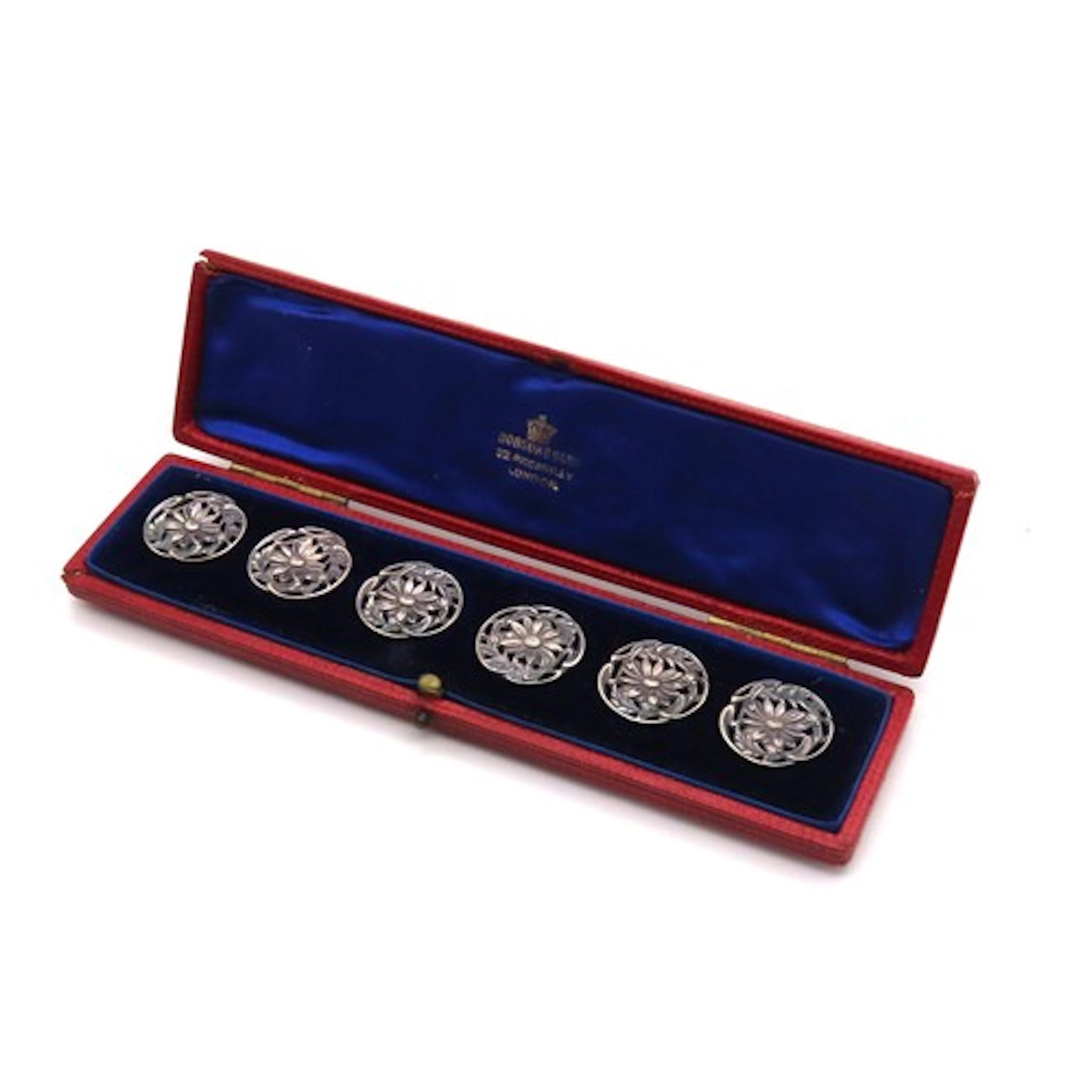A cased set of six Edwardian silver daisy buttons, Birmingha...