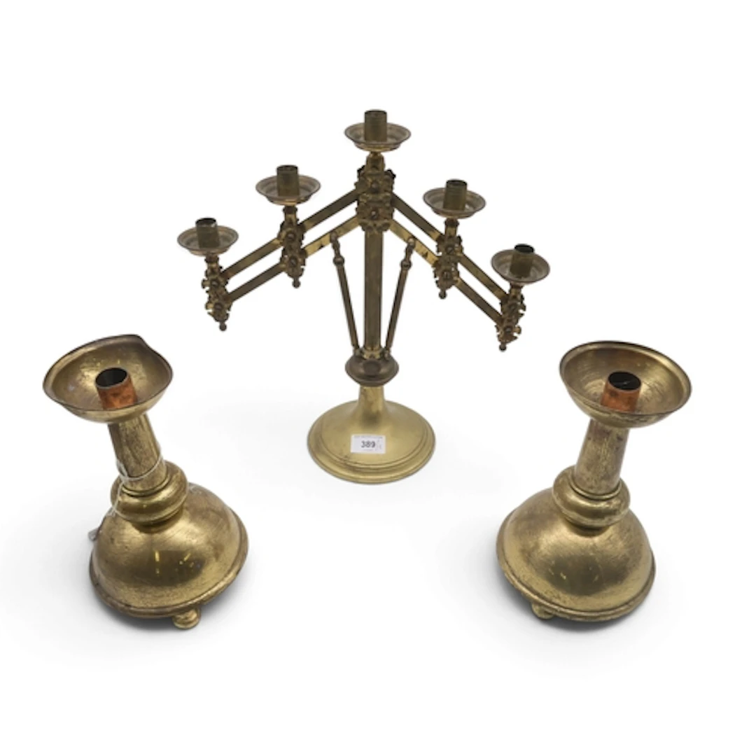 A extendable church candelabra with moveable arms, and a pai...