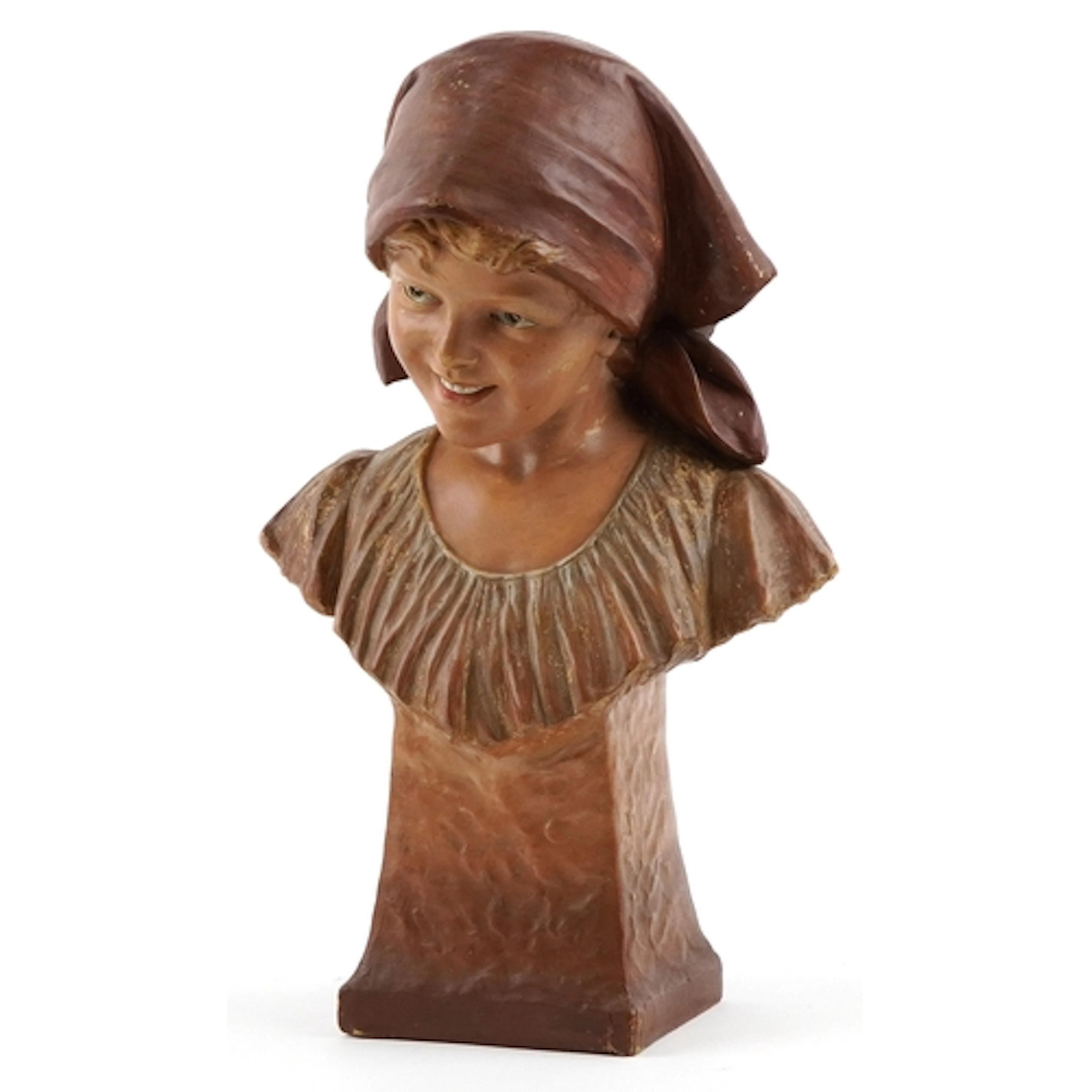 Goldscheider pottery bust of a young girl, incised marks and...