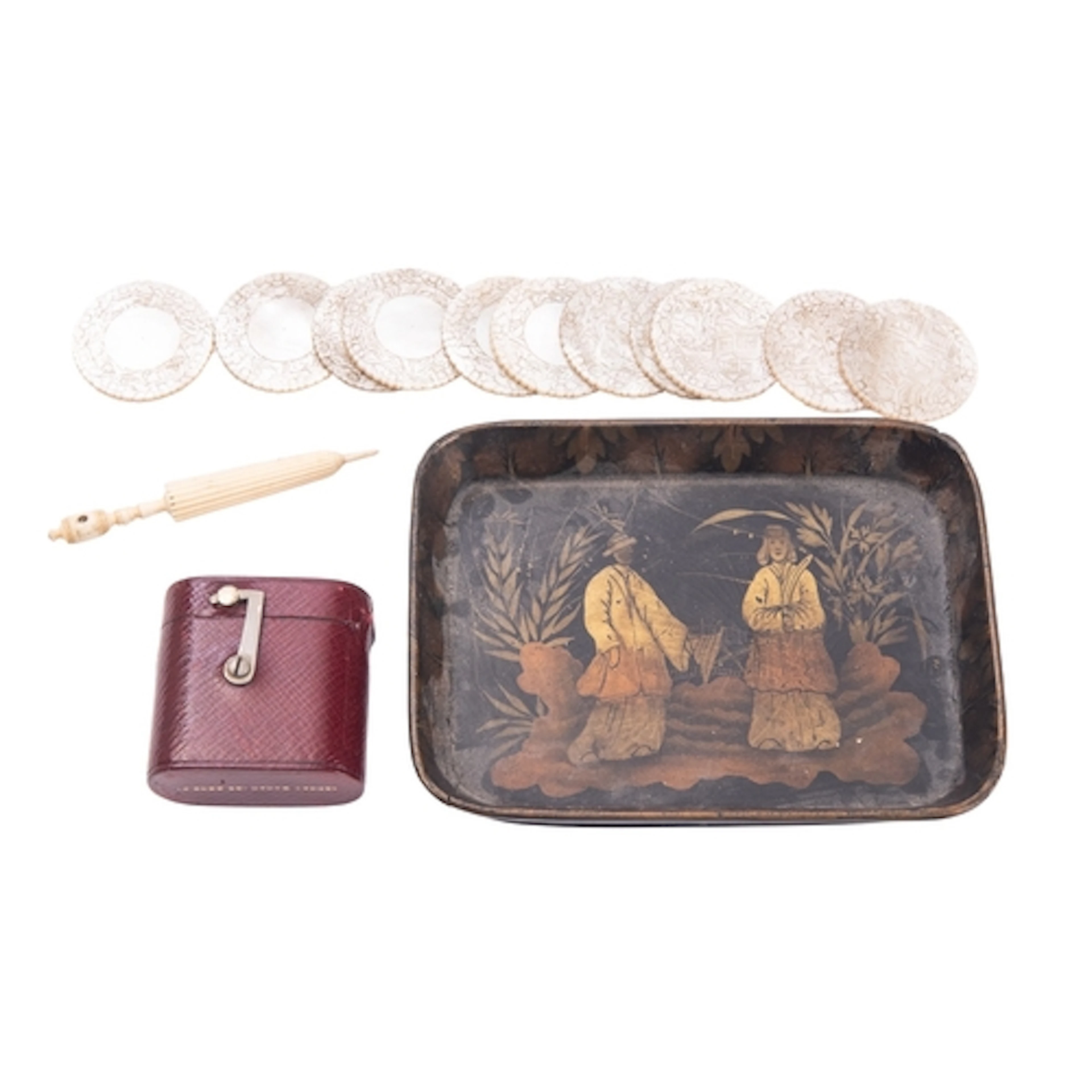 A mixed lot of collectables including an Asprey leather boun...