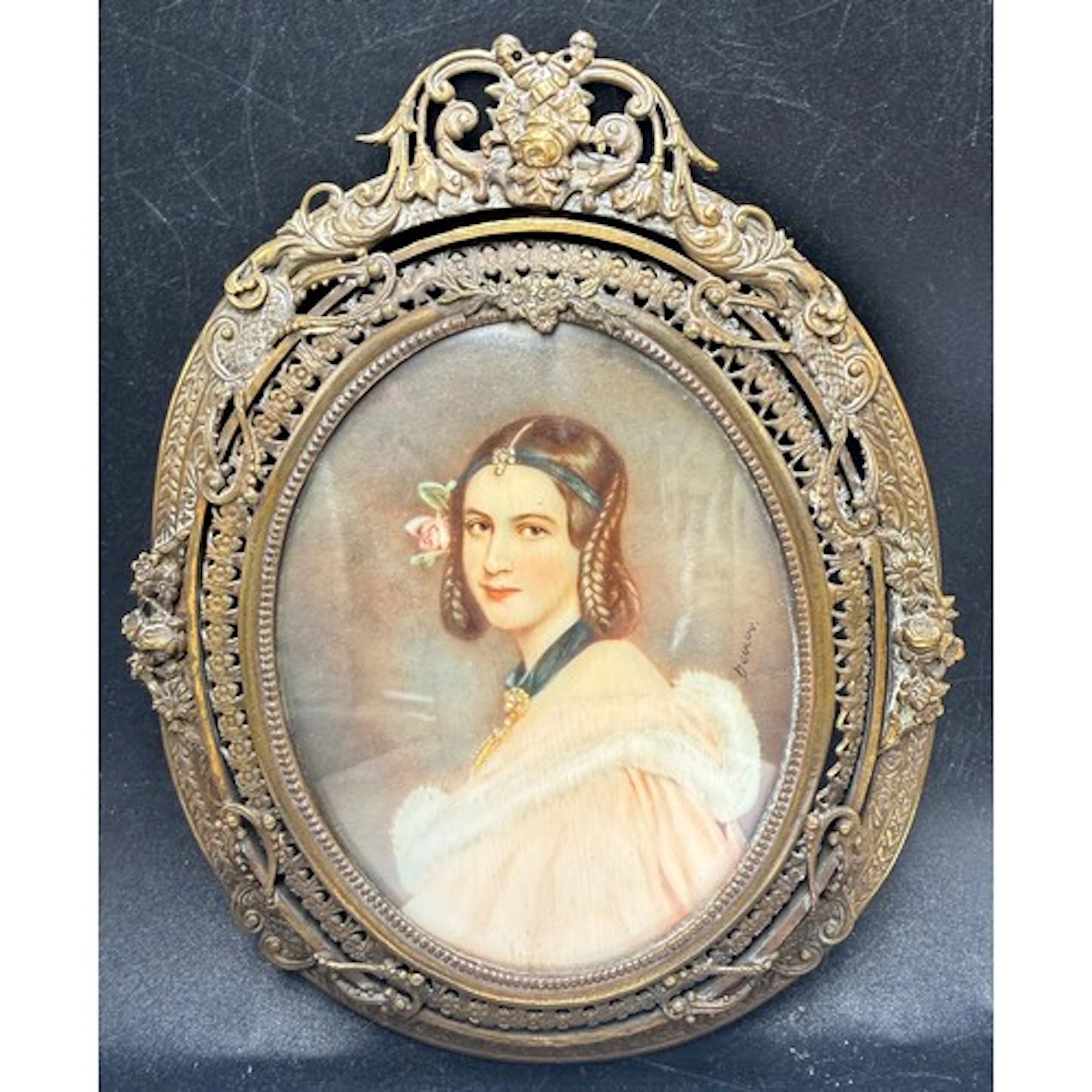 Oval ormolu framed ivory miniature painting depicting Lady E...
