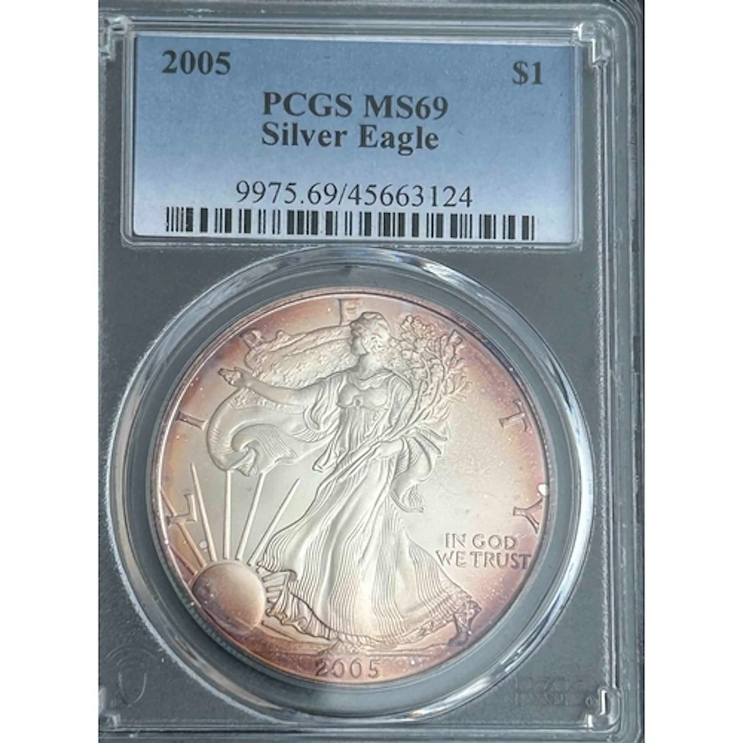 2005 USA $1 silver Eagle coin, slabbed and graded by P.C.G.S...