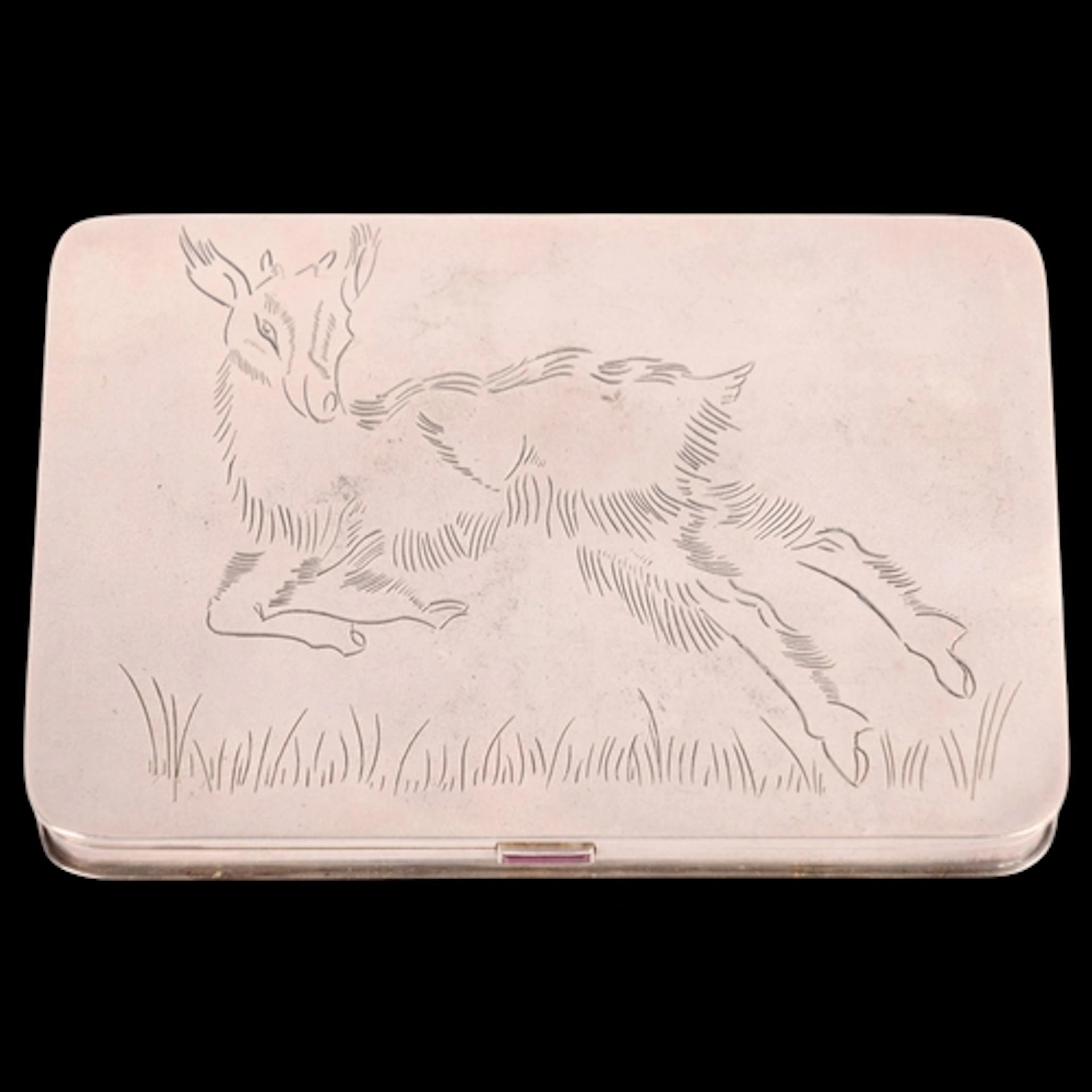 An Art Deco French silver powder compact, rounded rectangula...