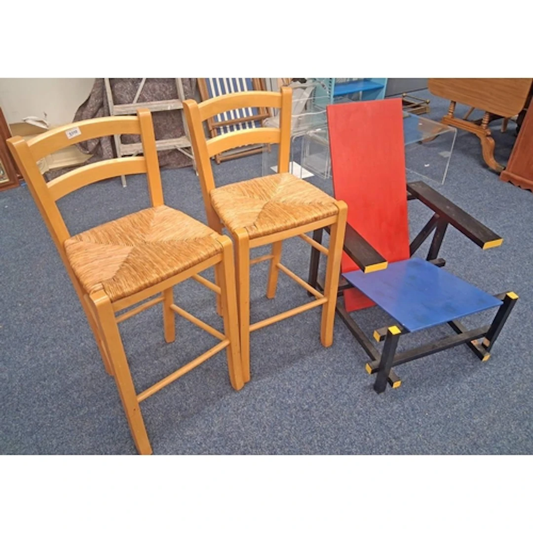 PAINTED CONTEMPORARY OPEN ARMCHAIR & PAIR OF BREAKFAST BAR S...
