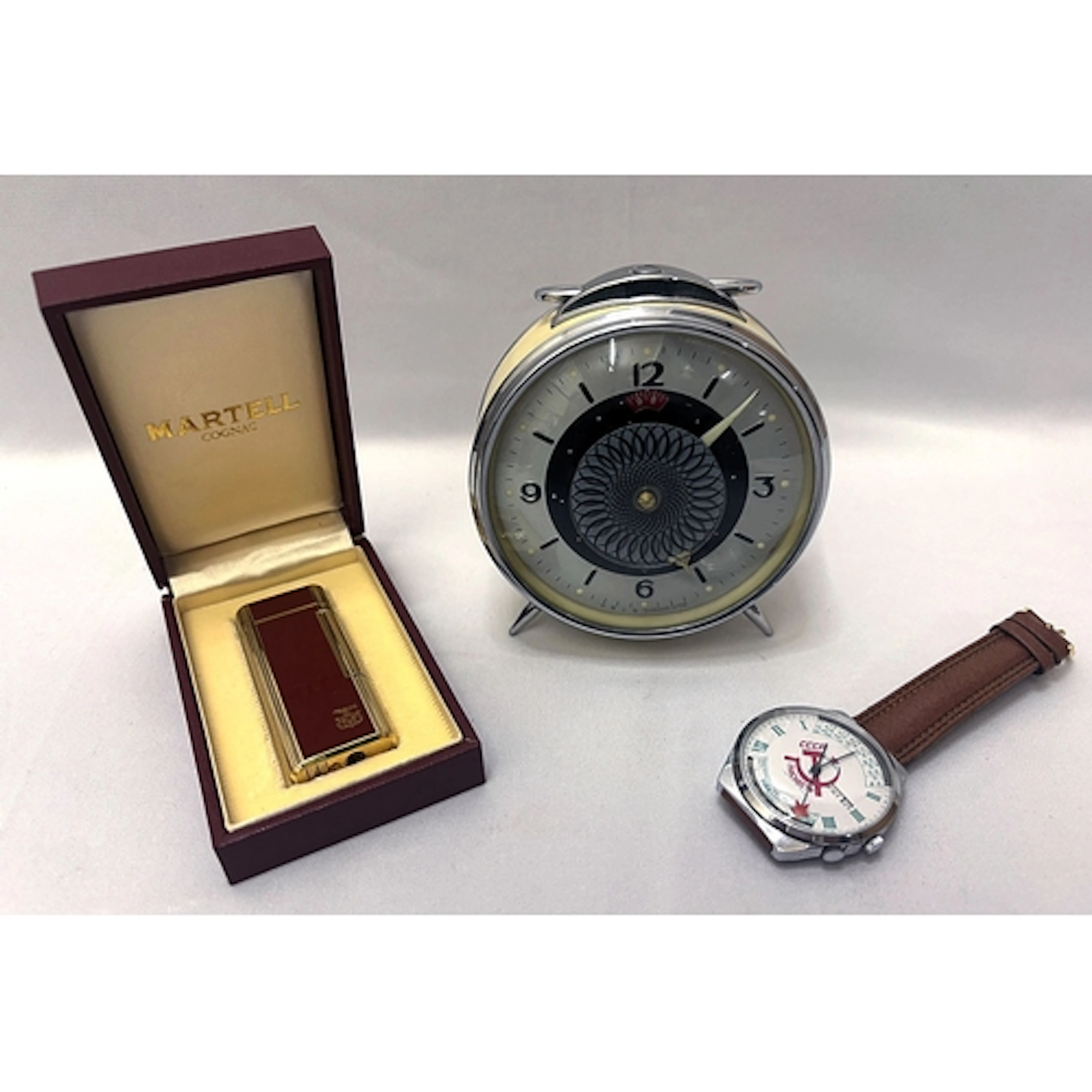 Martell Cognac Lighter, Watch marked CCCP with leather strap...