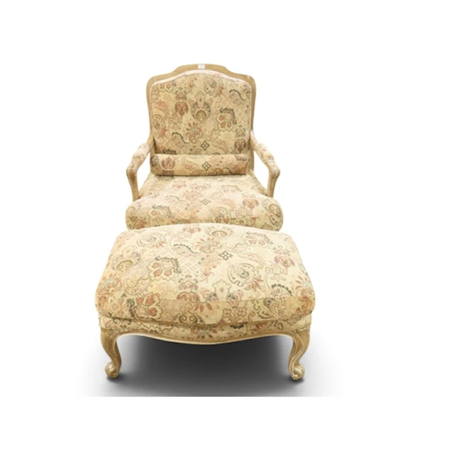 A 20th century Louis XV style beige Damask upholstered open ...