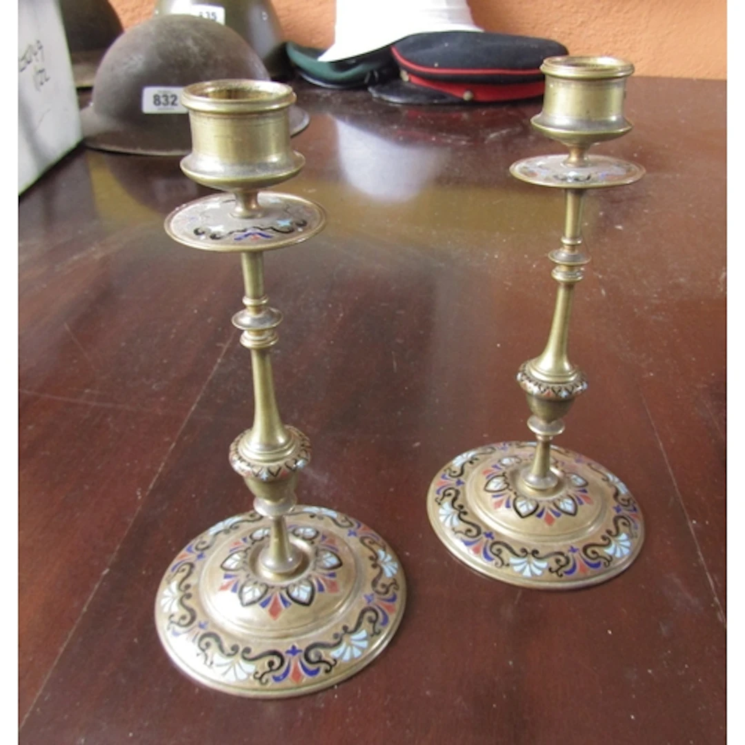 Pair of Antique Enamel Decorated Candle Sticks of Slender Fo...