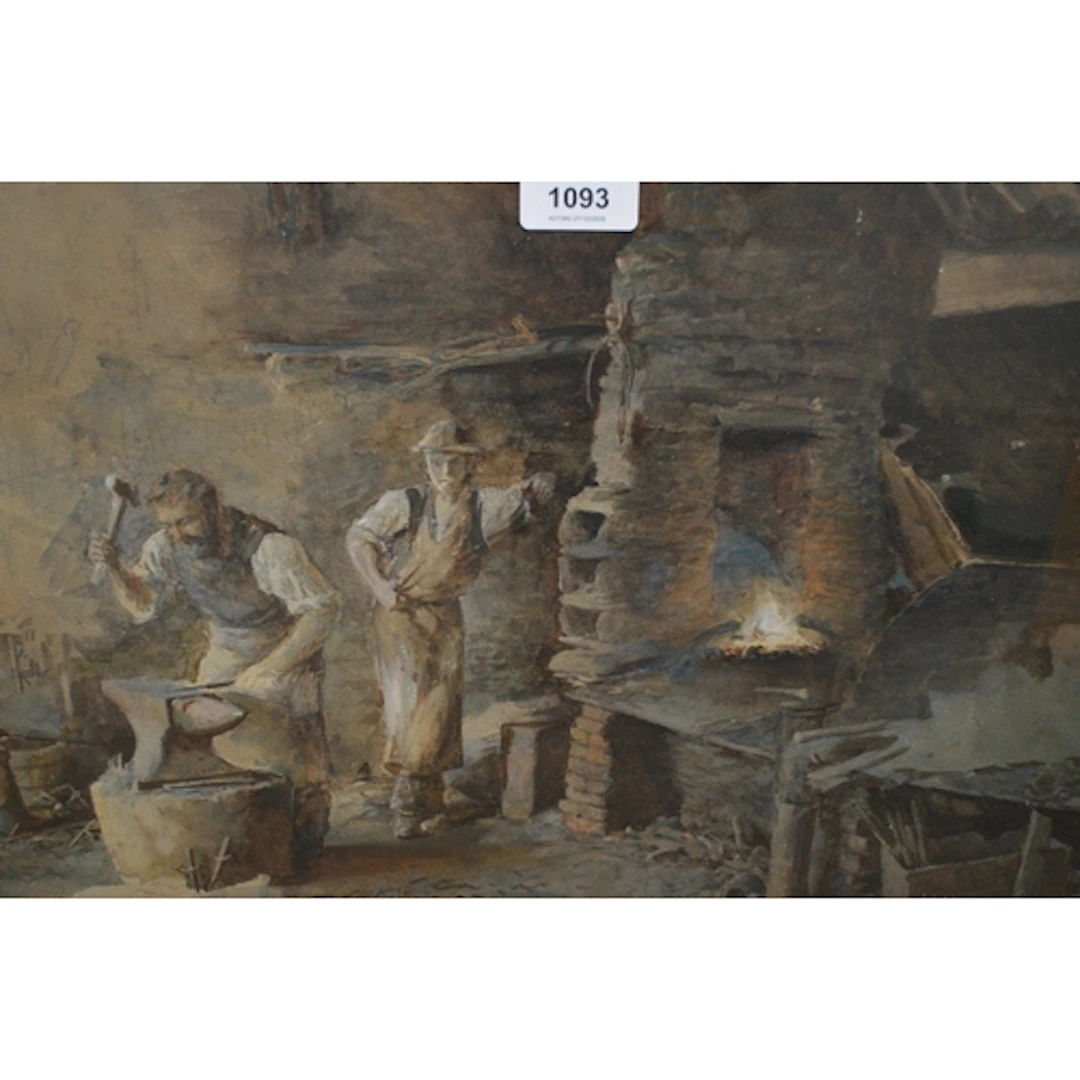 H. Higgs, watercolour, a blacksmith at work in a forge, sign...