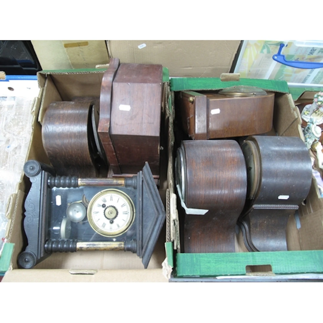 Six vintage European mantel clocks, comprising an arch-top b...
