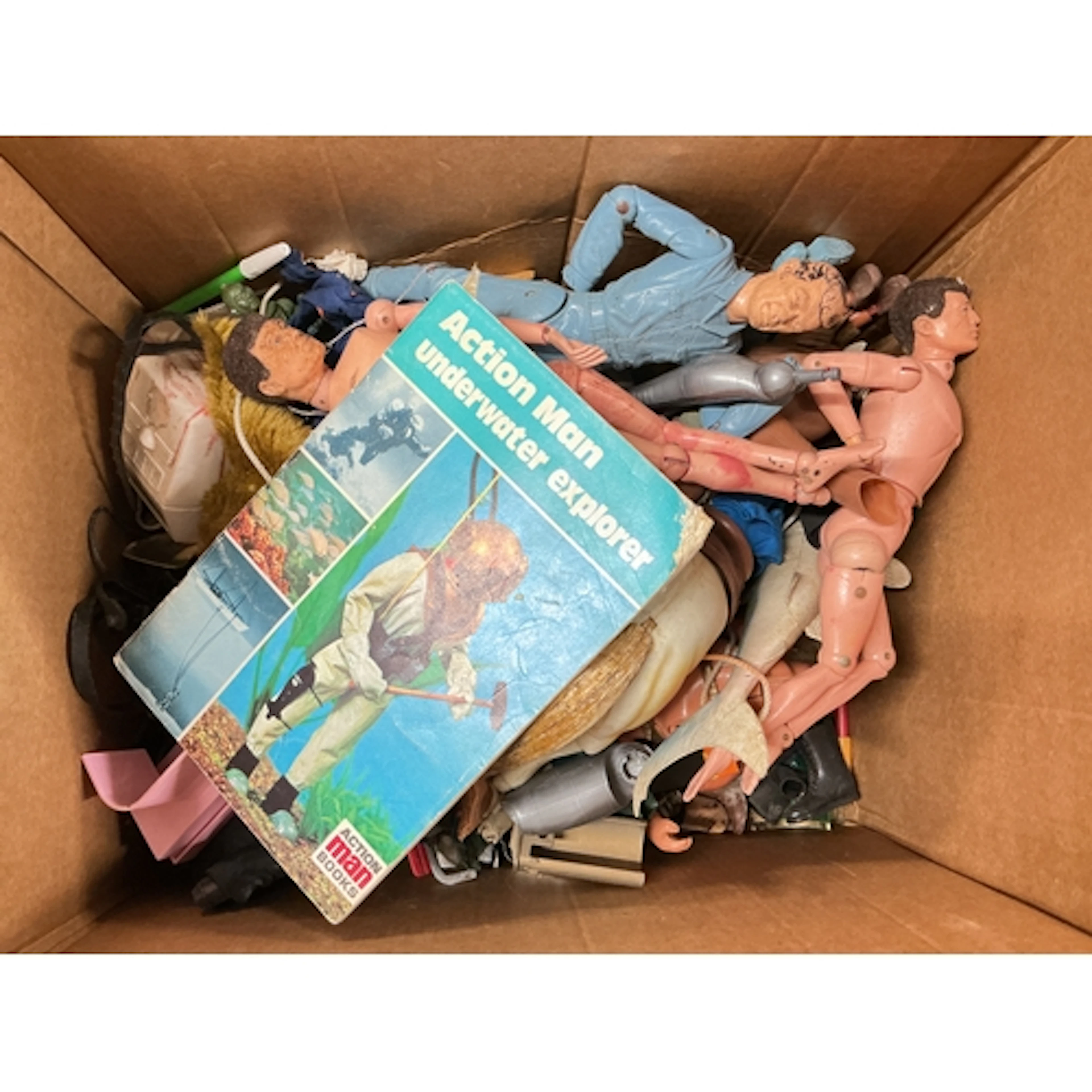 A Box Of Playworn Vintage Action Men And Accessories Various...