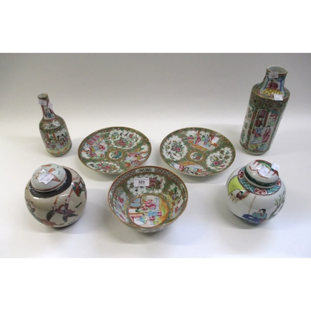 Group of five Canton enamel vases, plate and dishes, decorat...