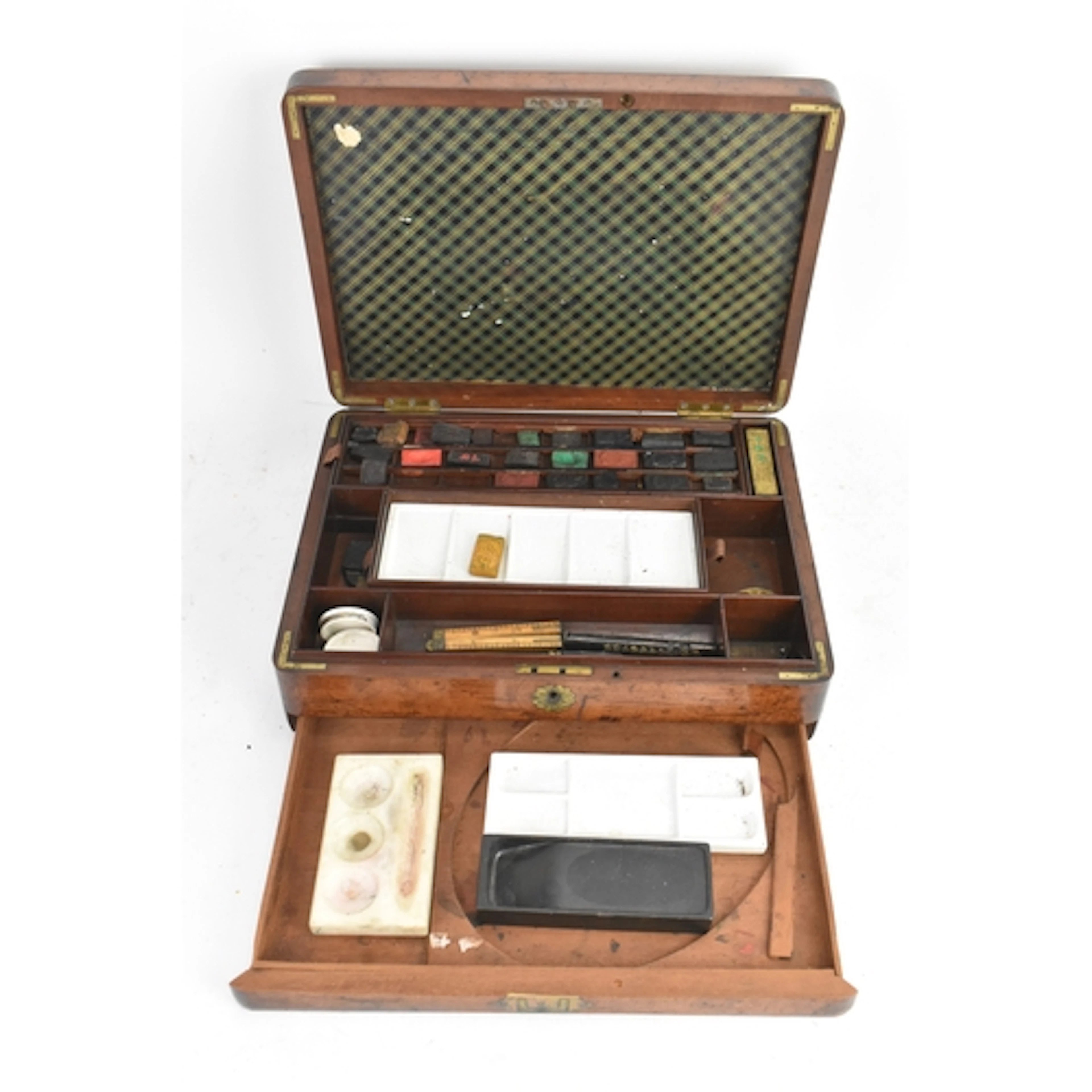 A Victorian figured mahogany paint box, of rectangular form ...