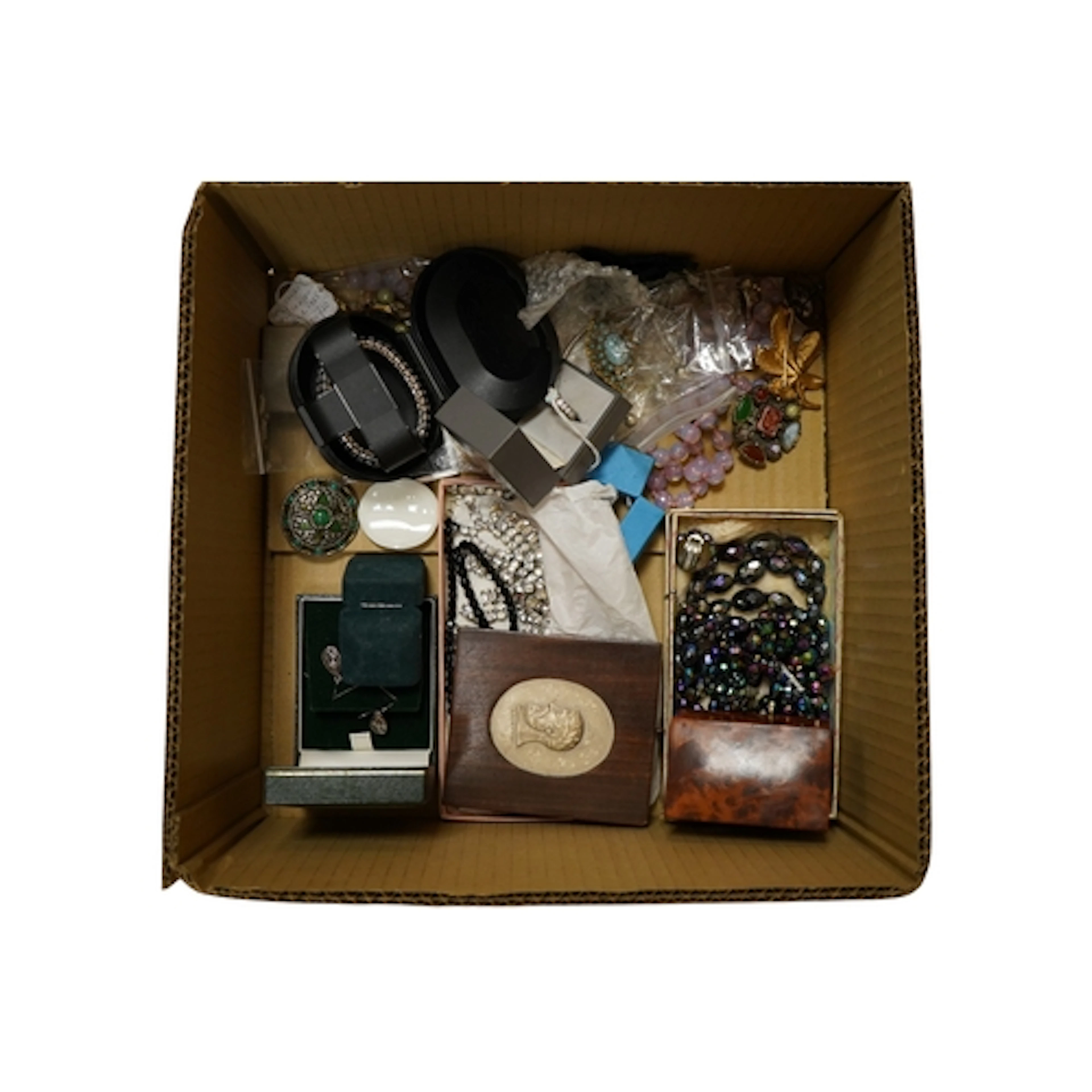A collection of costume jewellery and accessories, including...