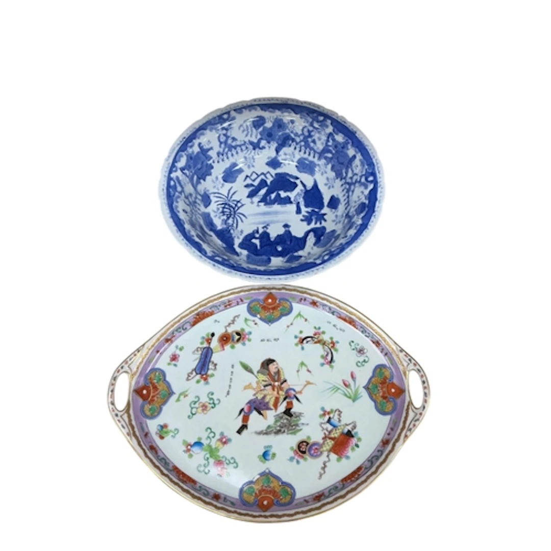 Chinese blue and white landscape bowl, diameter 34cm and an ...