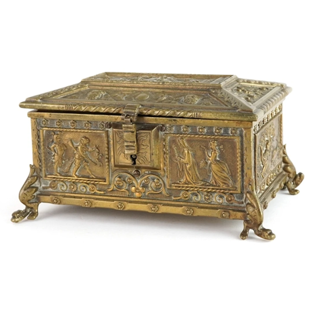 Grand Tour style brass casket having velvet lined interior e...
