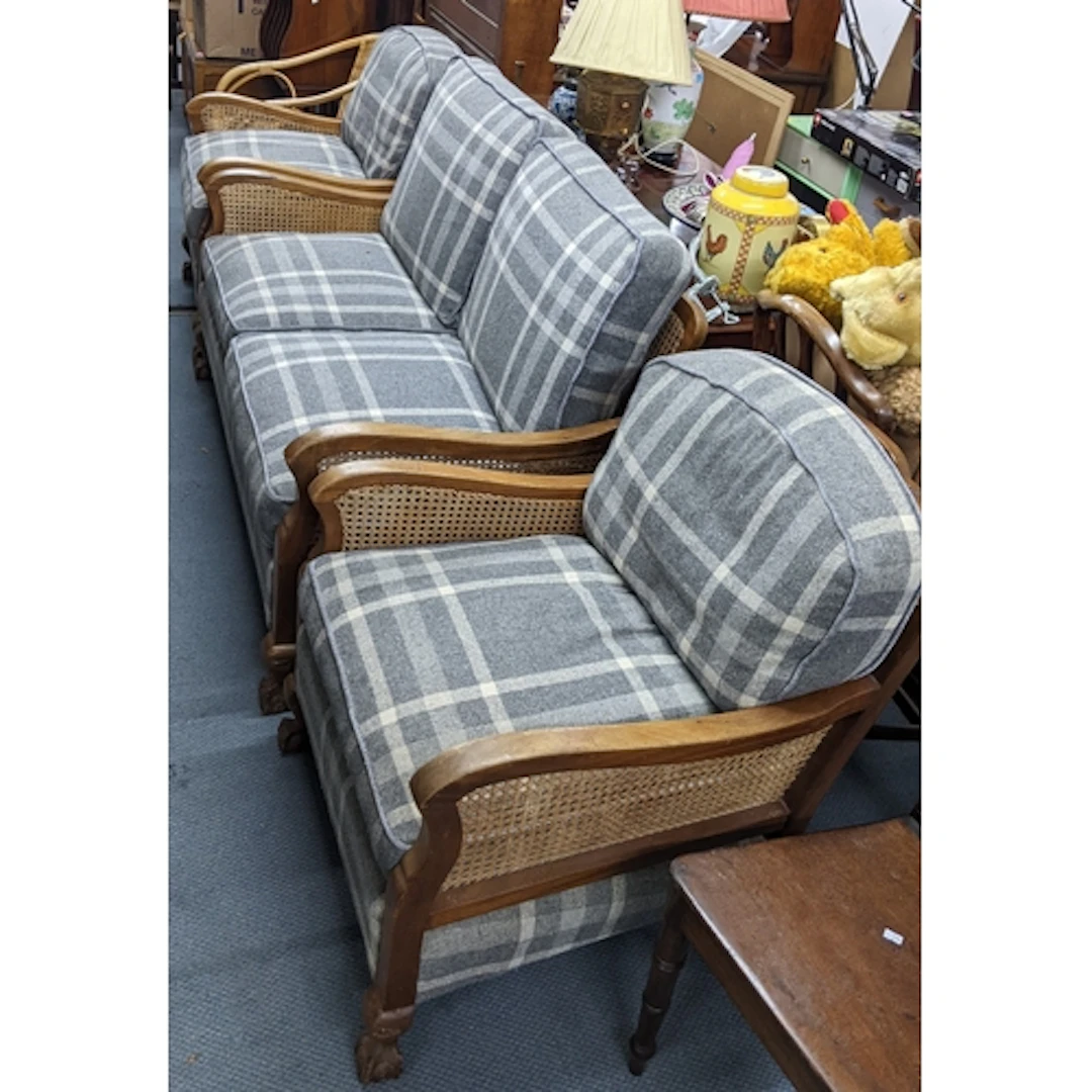 A late 20th century mahogany framed Berger suite with grey t...