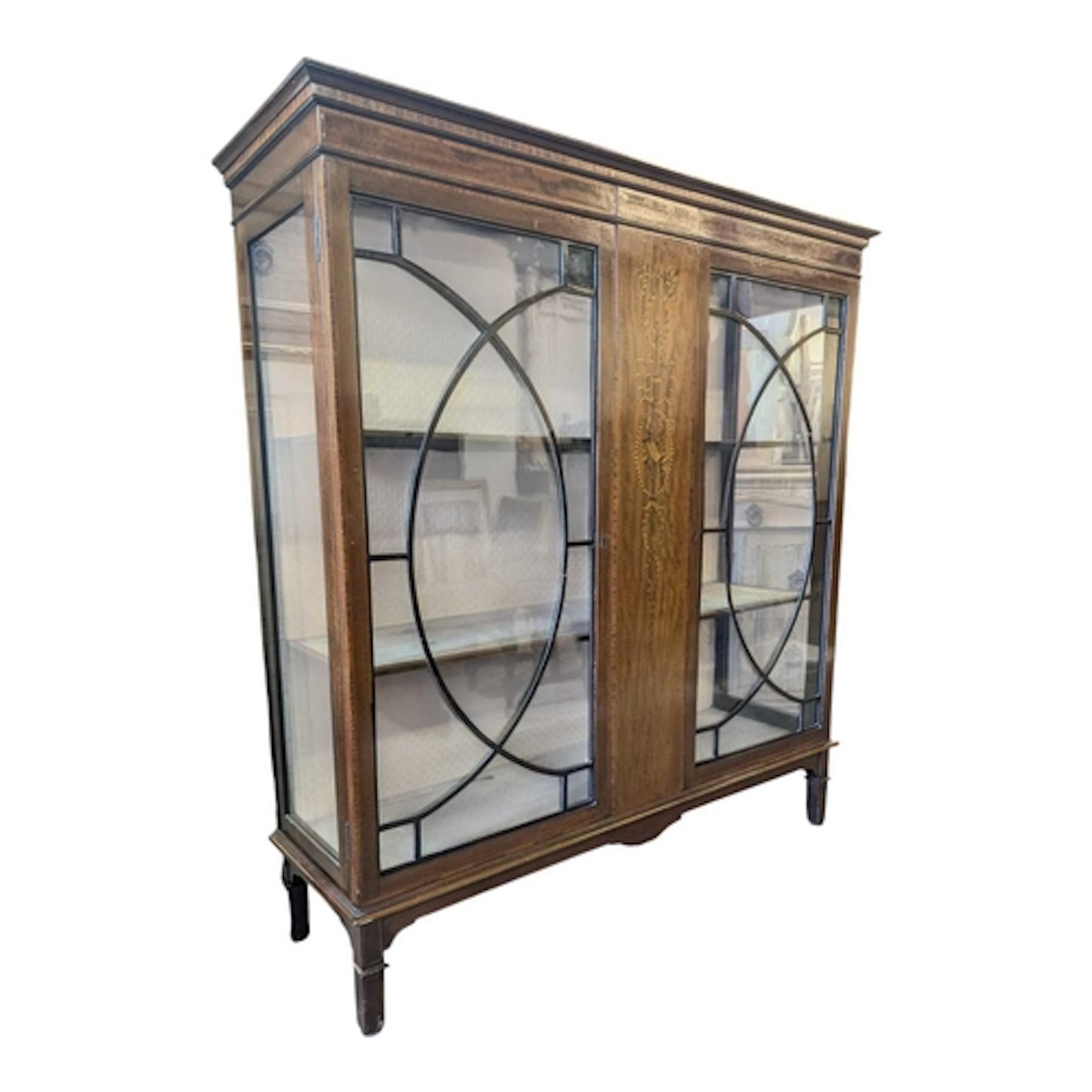 An Edwardian mahogany and marquetry inlaid china display cab...