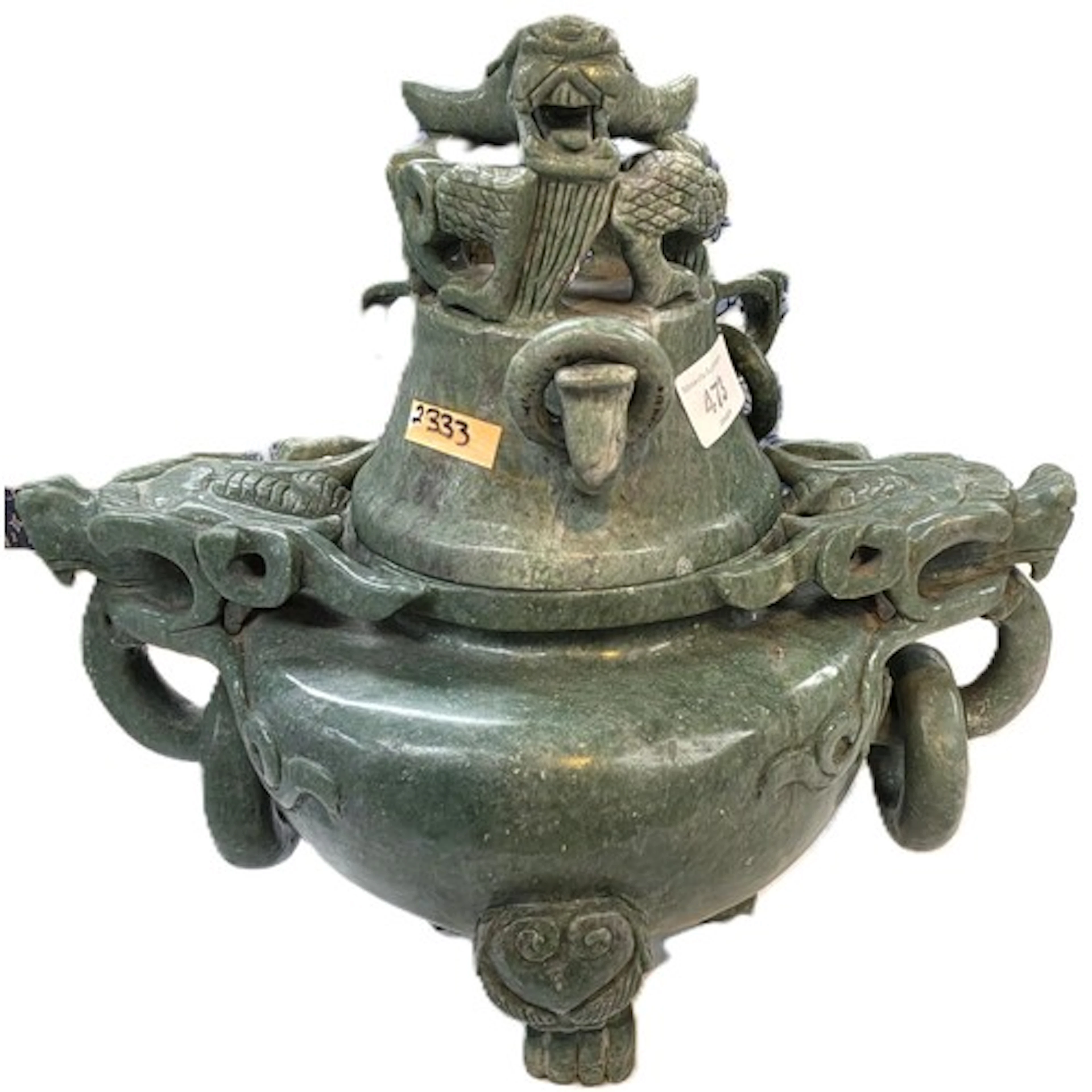 A 20th Century Chinese soap stone carved lidded vase with dr...