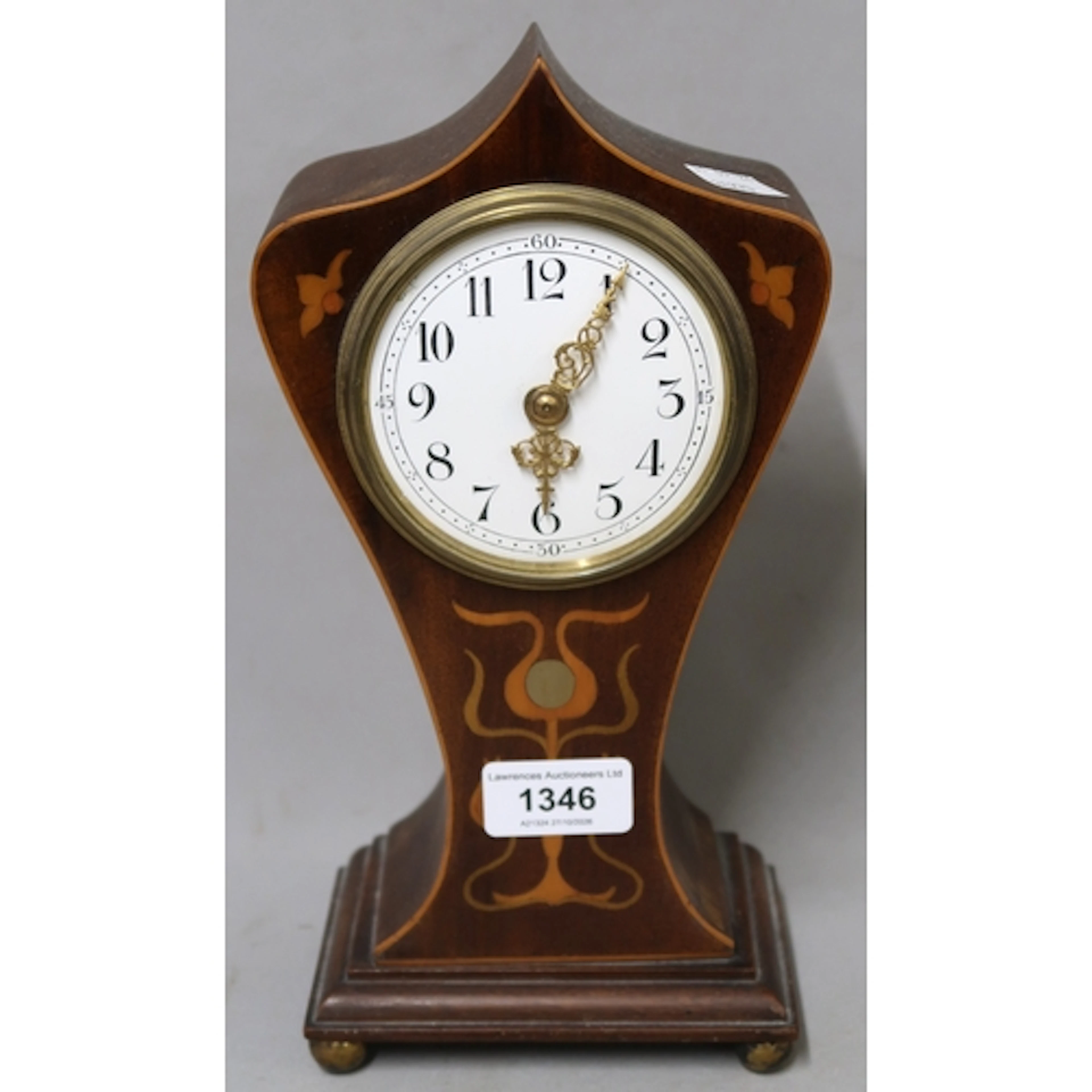 Edwardian mahogany and inlaid balloon shaped mantel clock, o...