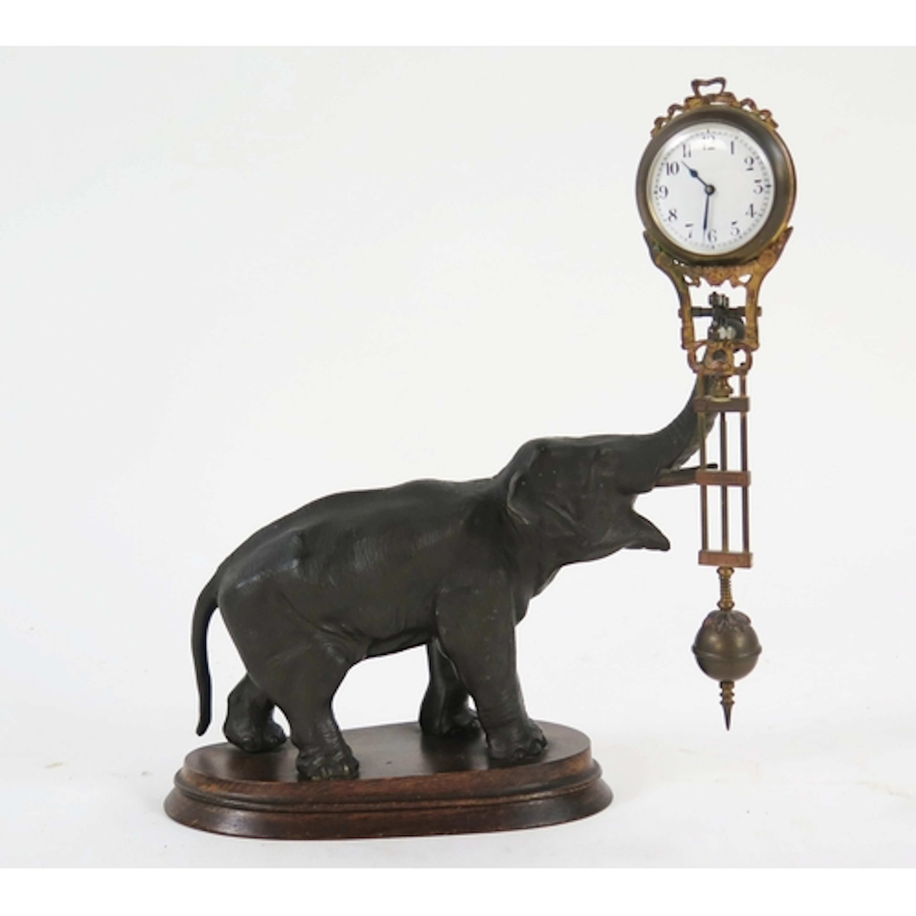 A mystery spelter clock modelled as an elephant in the Jungh...