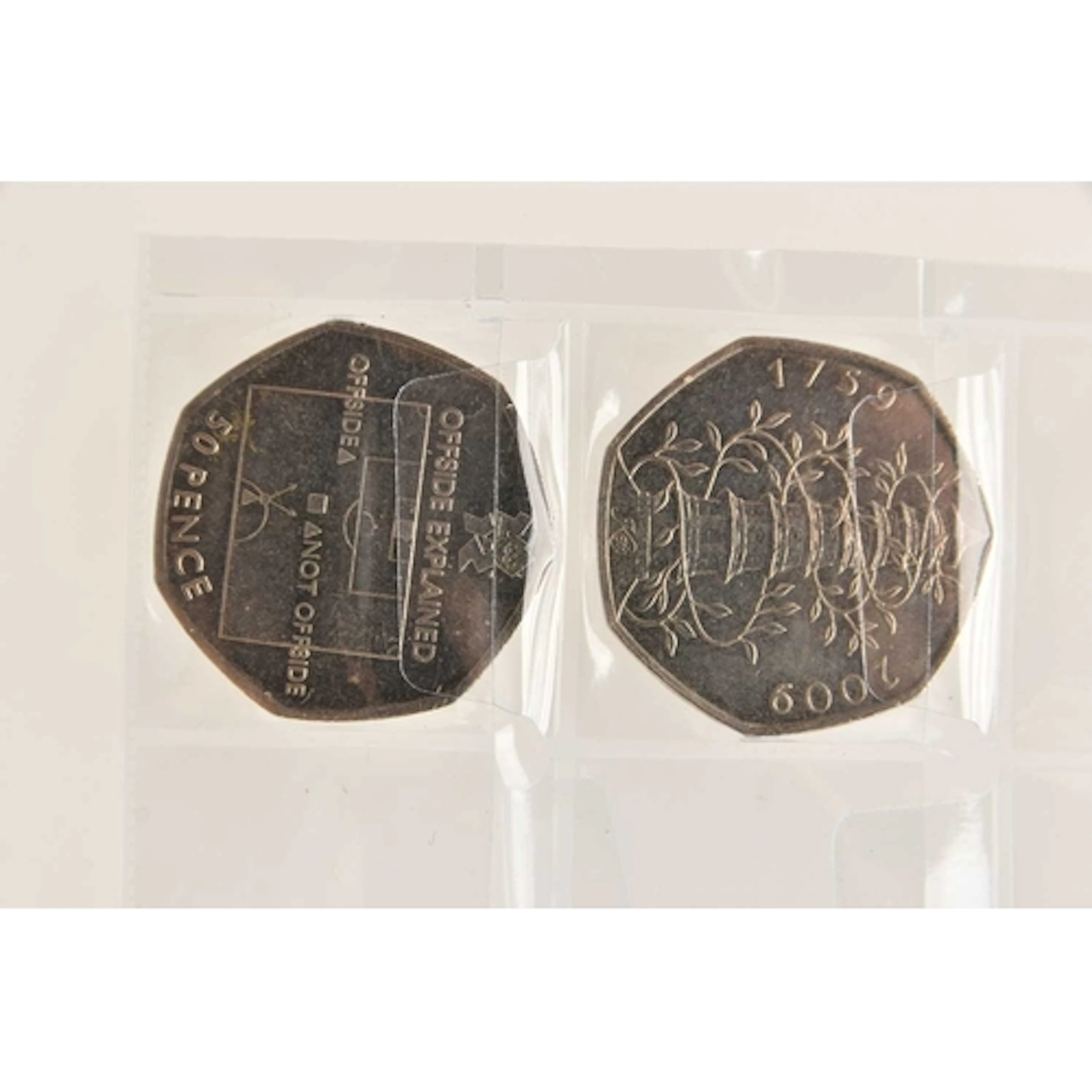 A 2009 Kew Gardens 50p coin along with a 2011 Football Offsi...