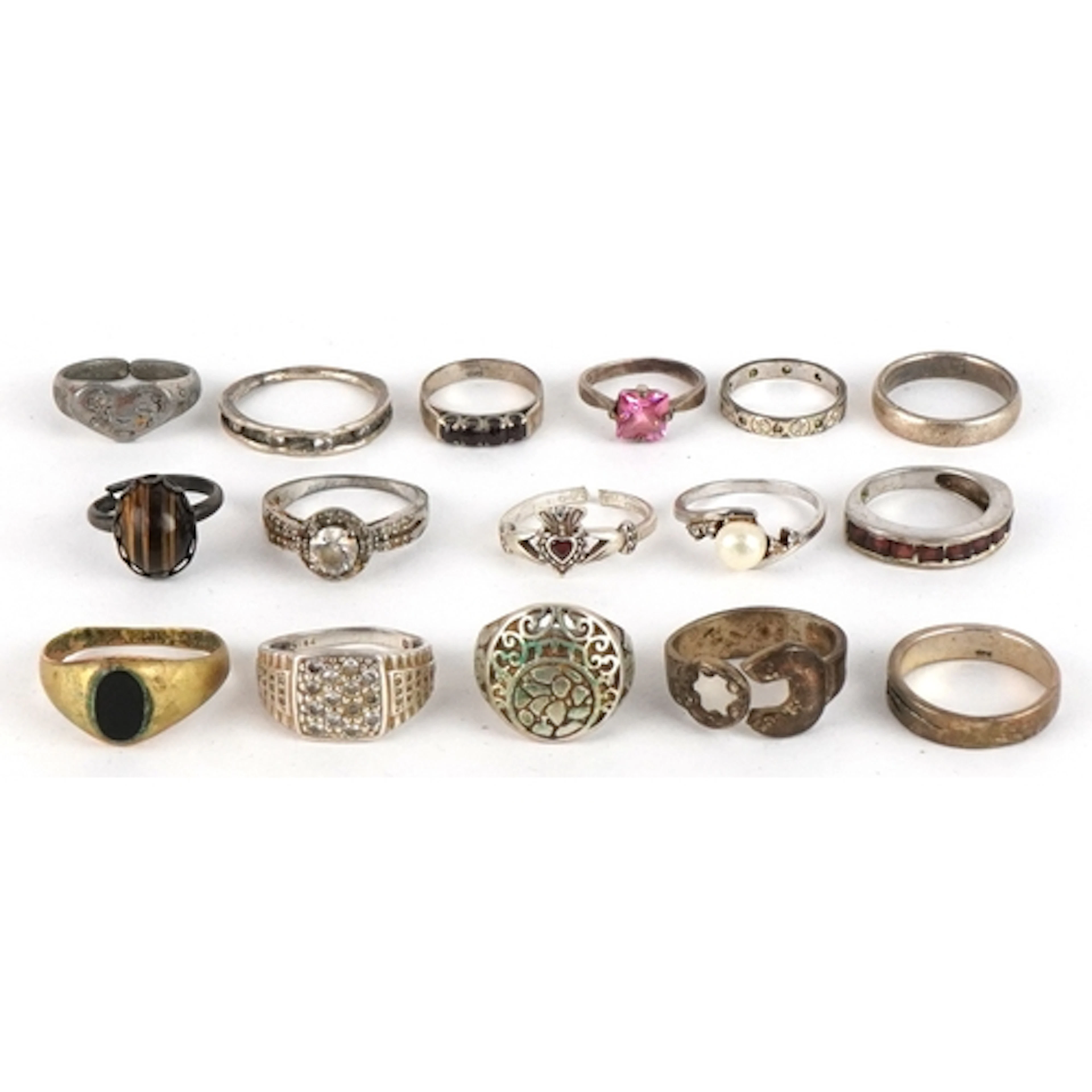 Sixteen antique and later silver, white metal and yellow met...