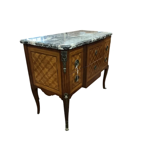A French transitional style marble top 2 drawer commode, wid...