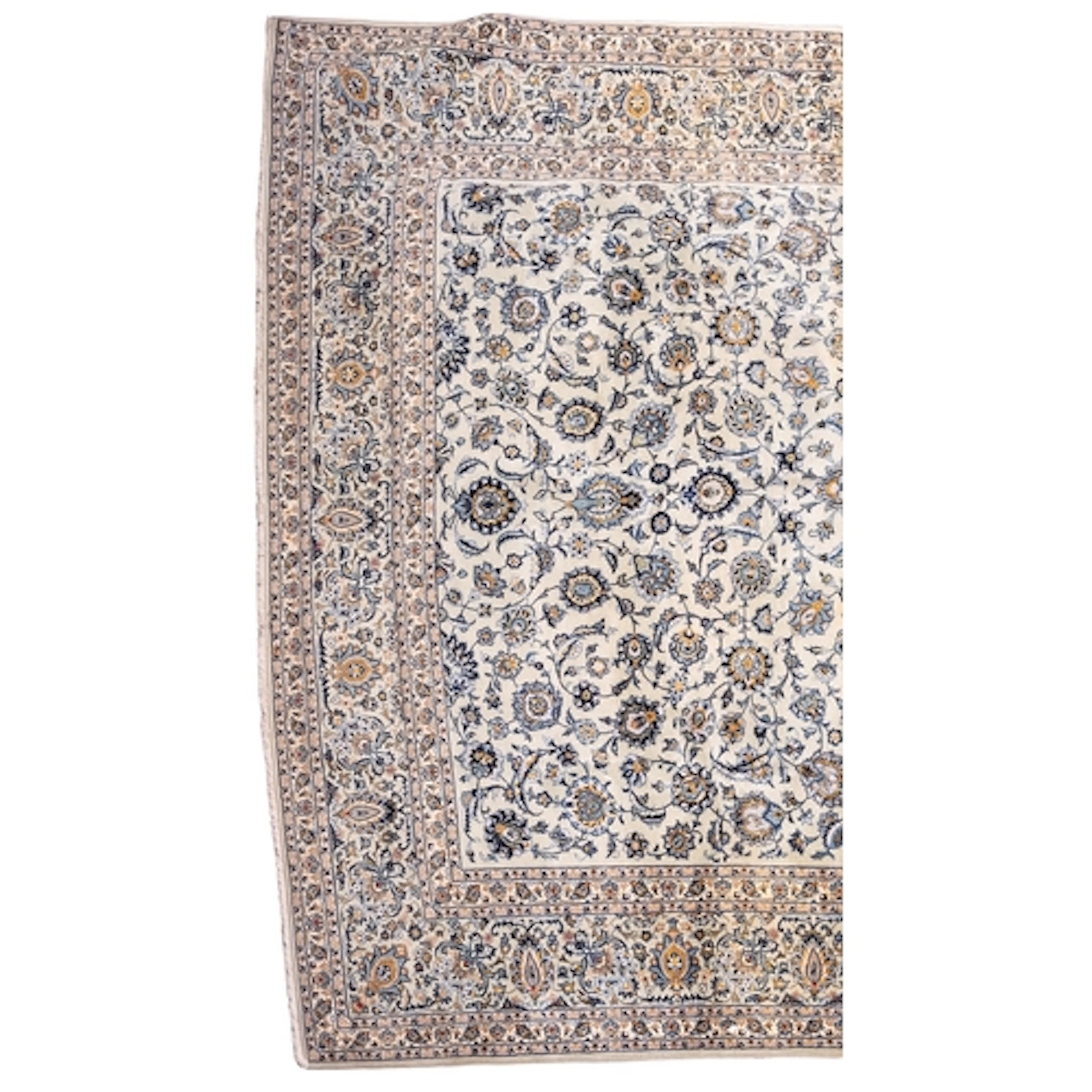 A Kashan carpet, the blue/grey field with an all over design...
