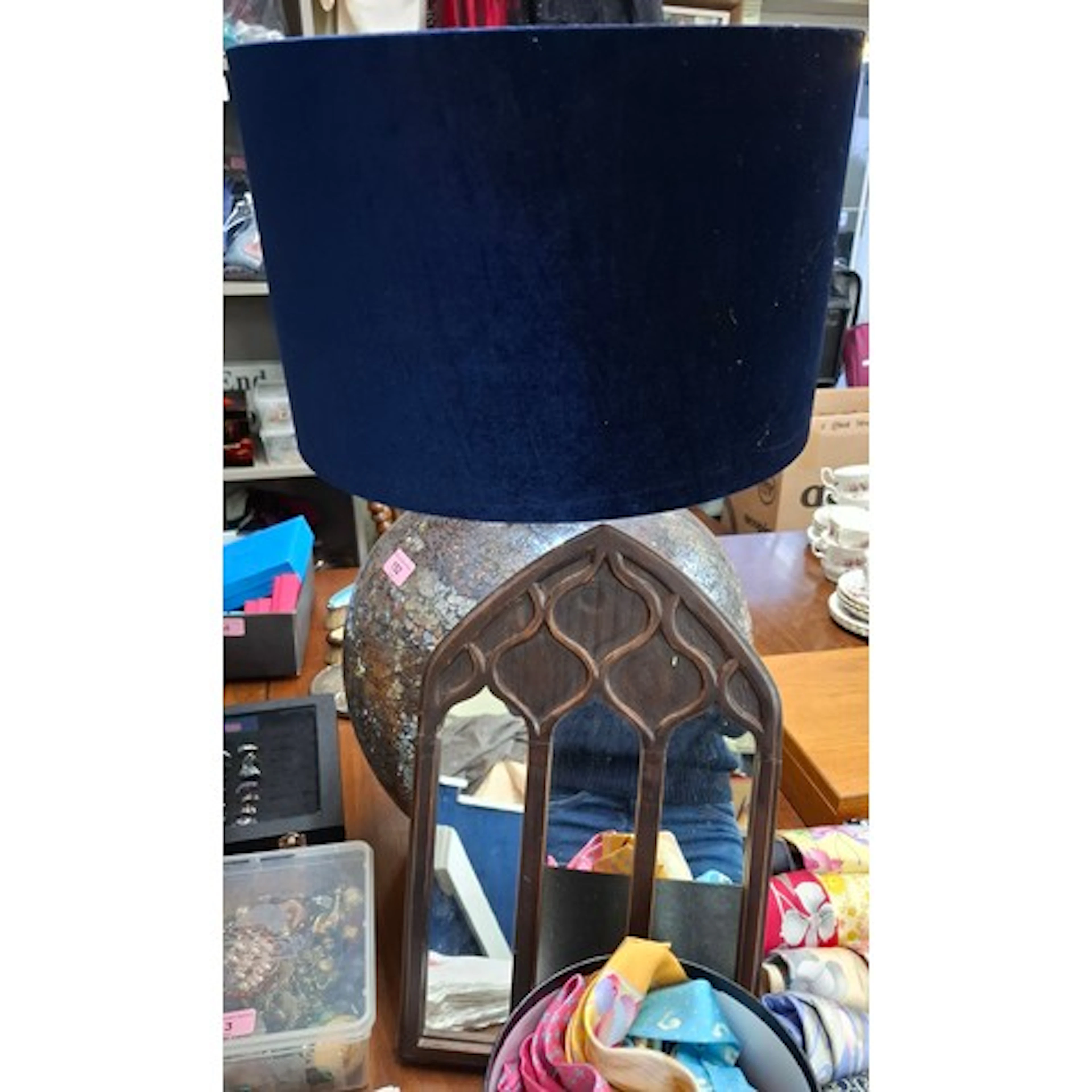 A blue circular lamp decorated in the mosaic style 26" high ...