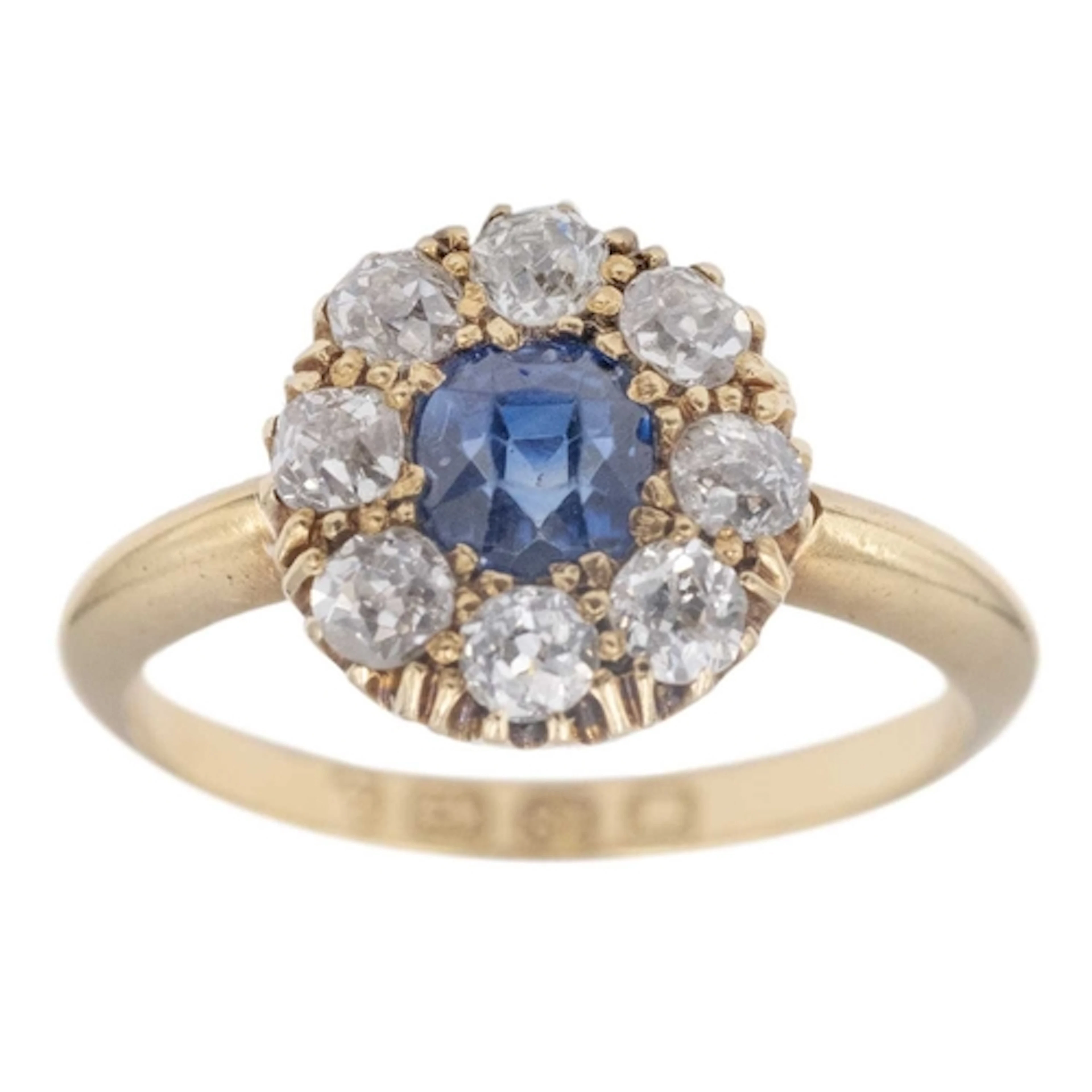 An attractive Victorian 18k diamond and cushion-cut blue sap...
