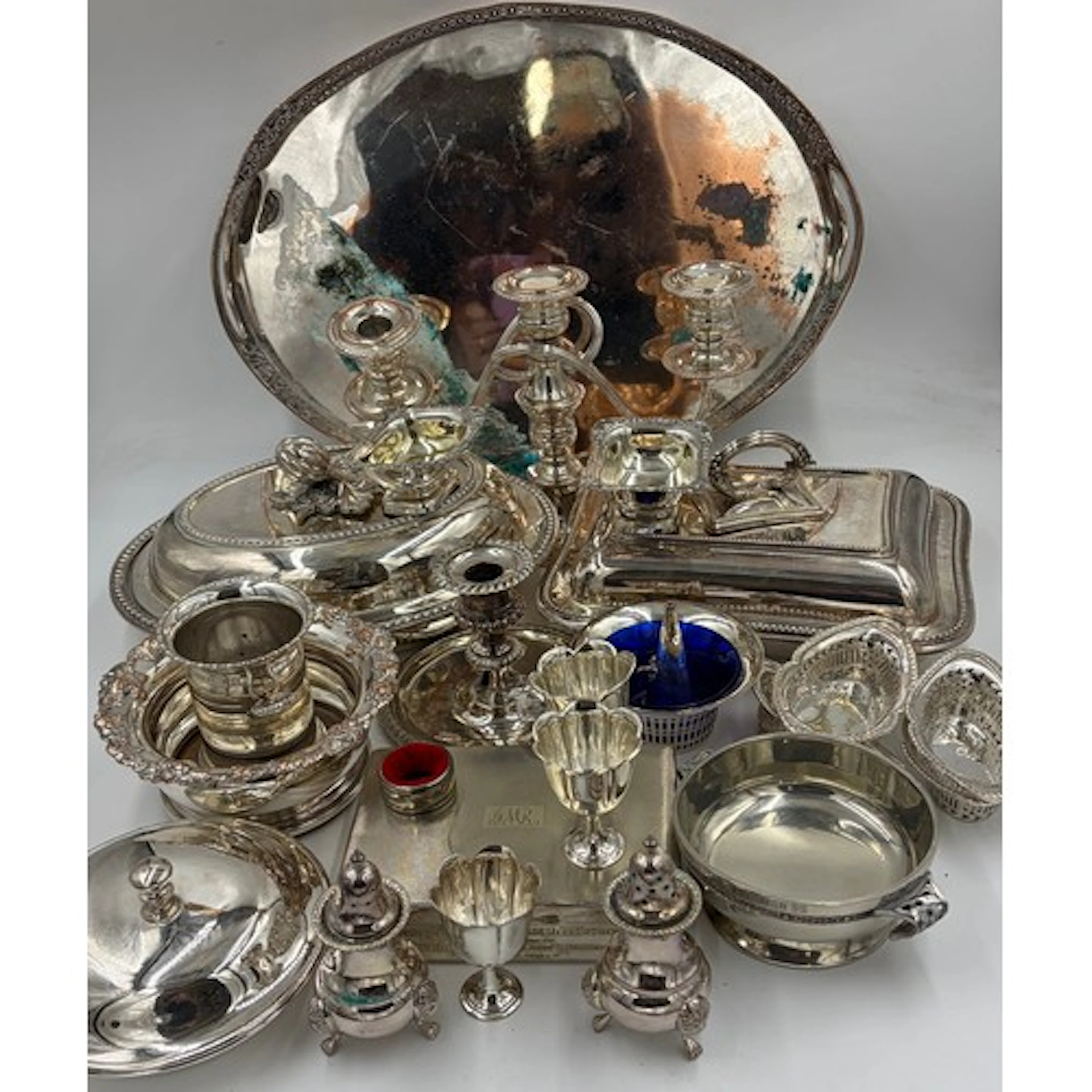 A quantity of silverplate to include a galleried large tray ...