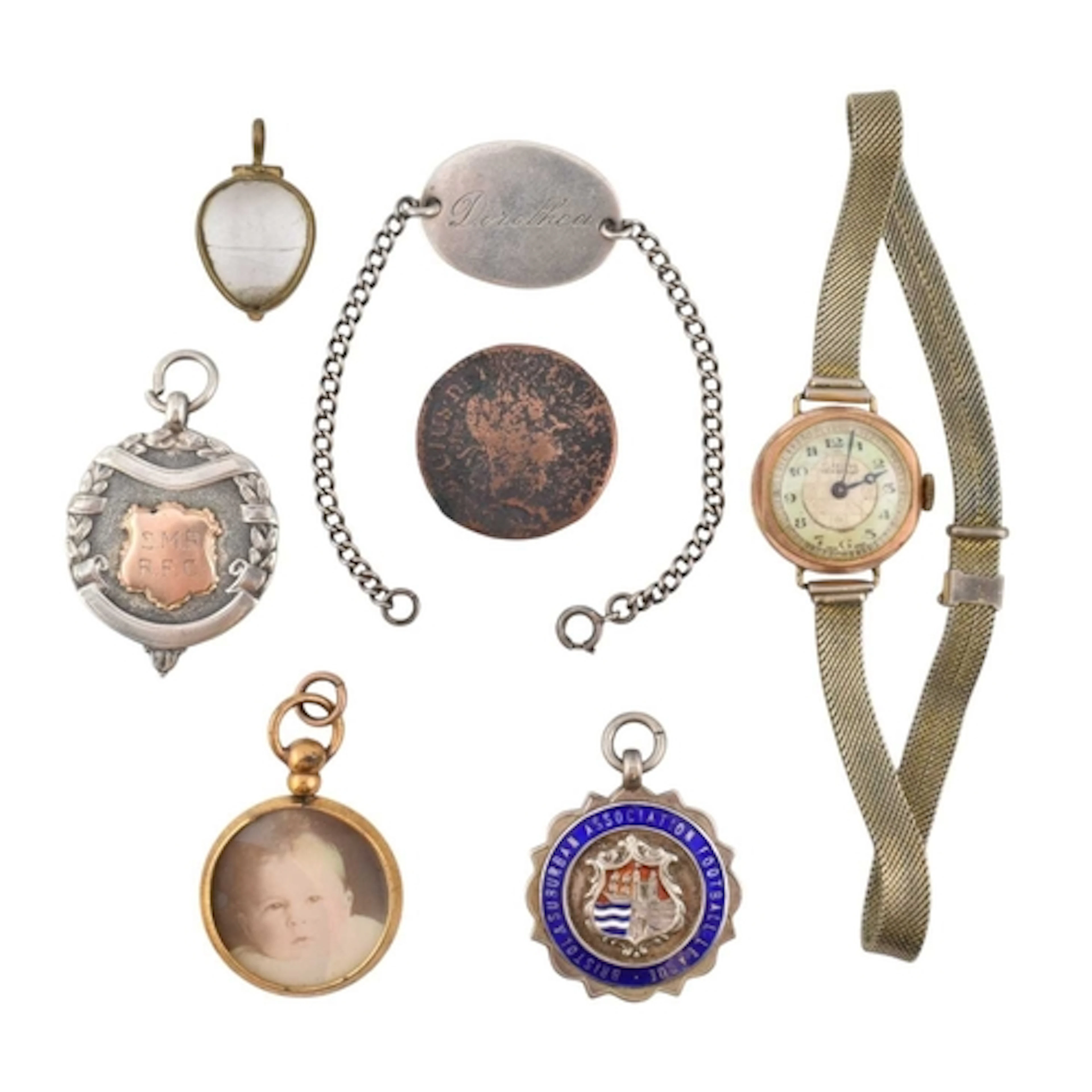 A collection of antique jewellery and a watch. The jewellery...