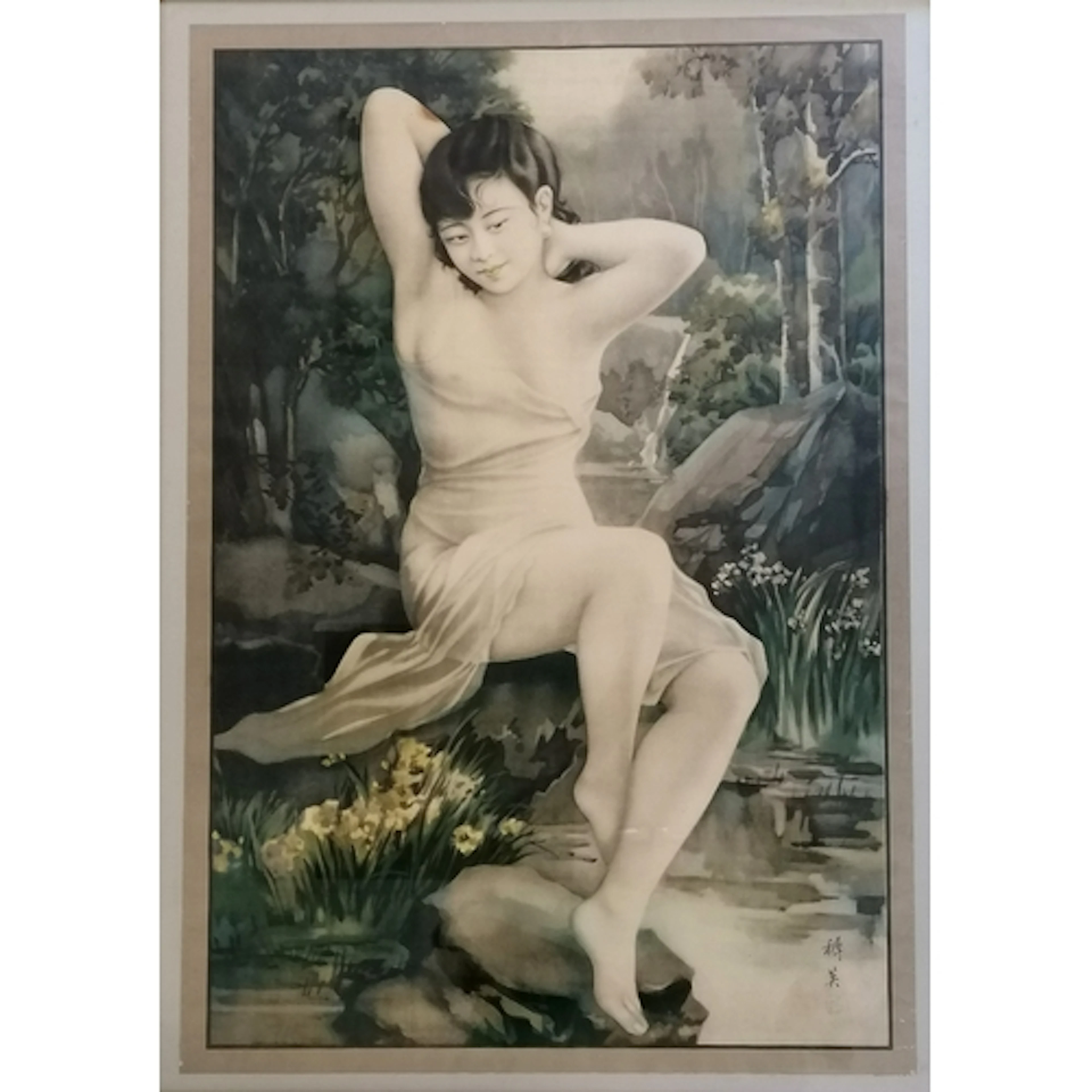Japanese C1930 framed poster of semi nude figure in a woodl...