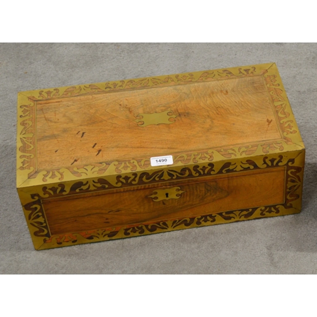 19th Century walnut and cut brass inlaid rectangular fold-ov...