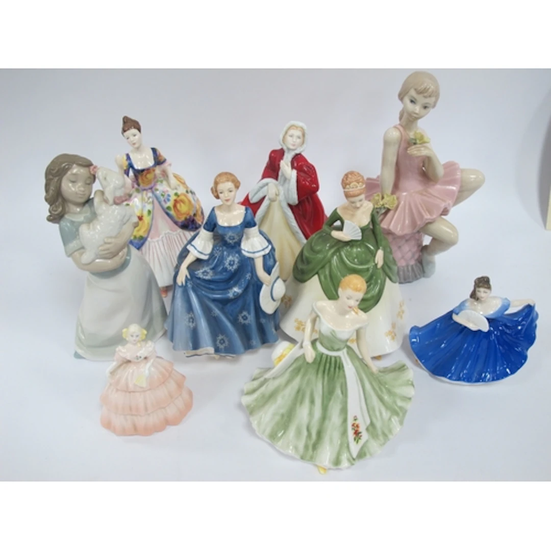 Doulton Figurines (5), Coalport, Nao and others (9).