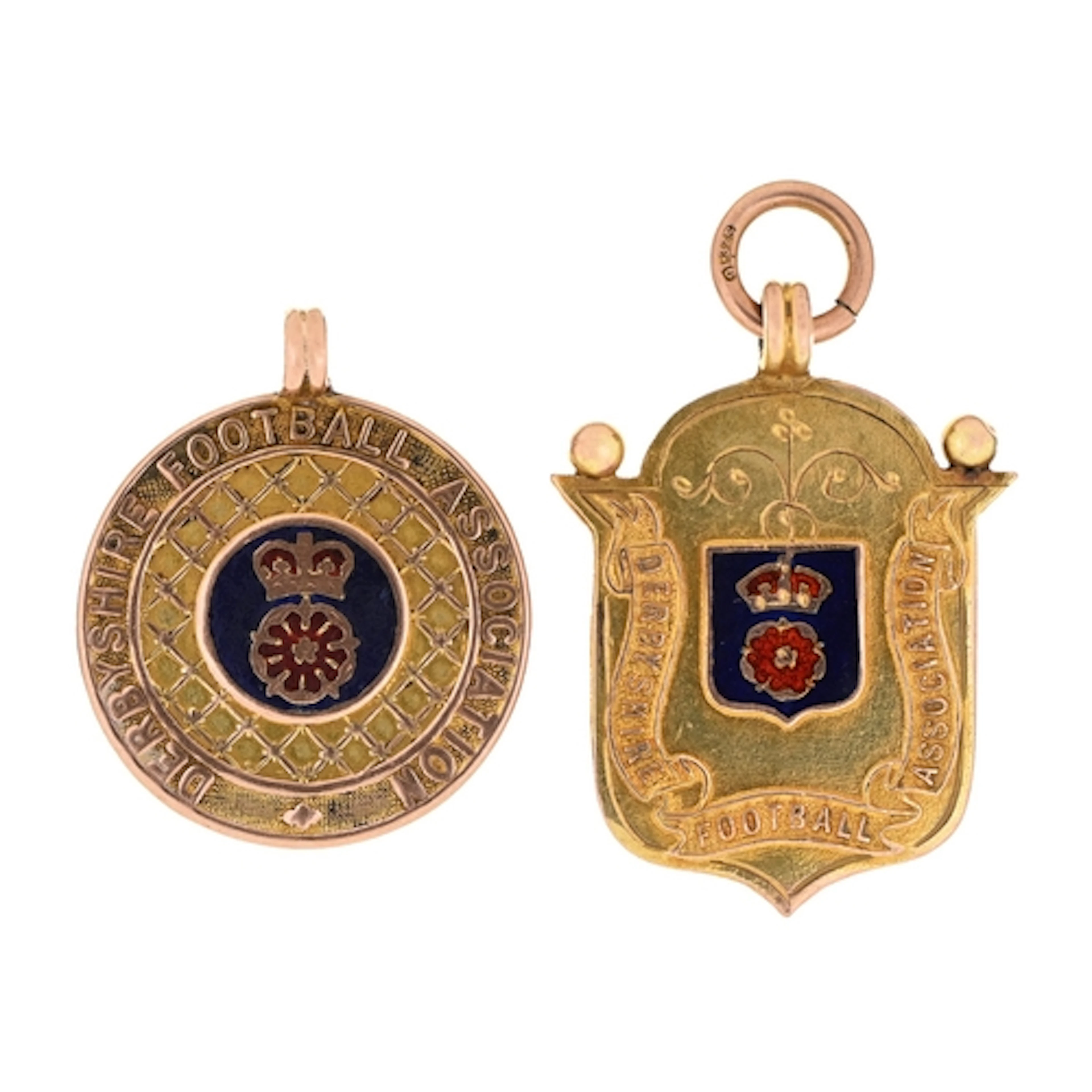 Soccer. Derbyshire Football Association, two 9ct gold and en...